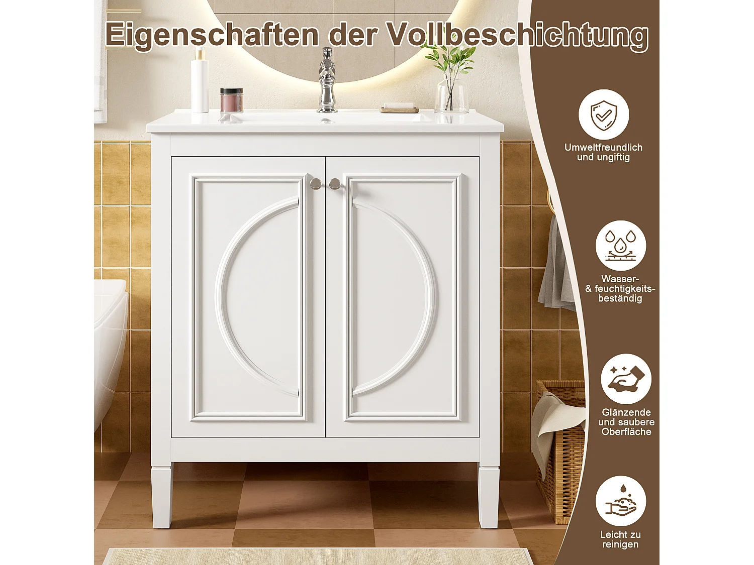 Mobile bagno con lavabo in ceramica 76x46,5x88,5 cm - 1 cassetto e 2 ante - Finitura laccata - Ripiano regolabile - Bianco