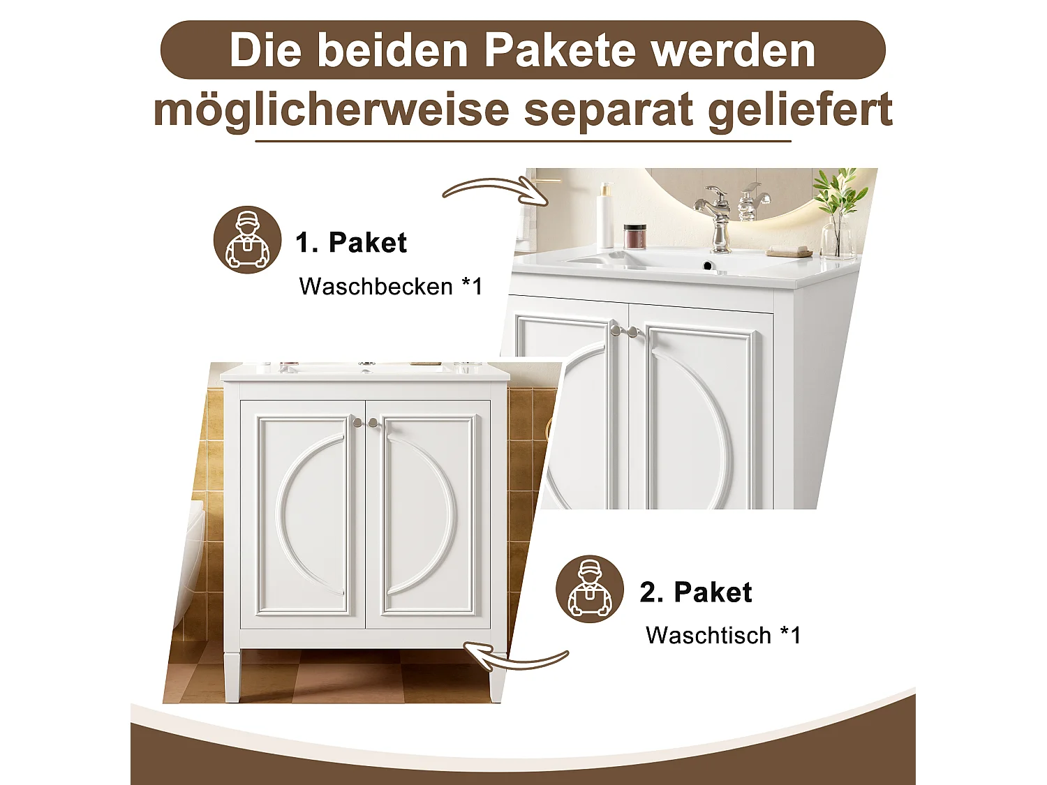 Mobile bagno con lavabo in ceramica 76x46,5x88,5 cm - 1 cassetto e 2 ante - Finitura laccata - Ripiano regolabile - Bianco