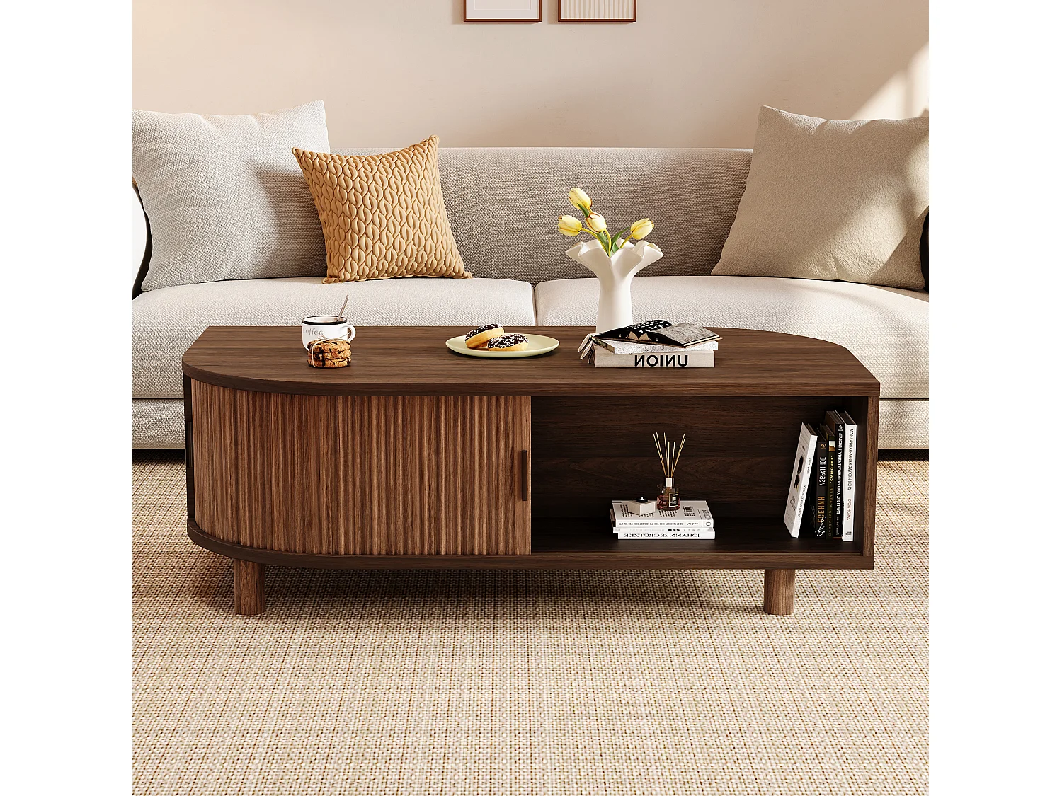 Tavolo basso 100x50x35 cm - 2 porte scorrevoli e spazio contenitivo - Gambe in legno massello - MDF - Marrone