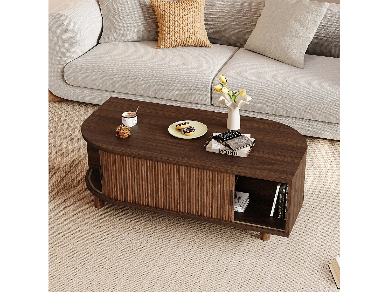 Tavolo basso 100x50x35 cm - 2 porte scorrevoli e spazio contenitivo - Gambe in legno massello - MDF - Marrone