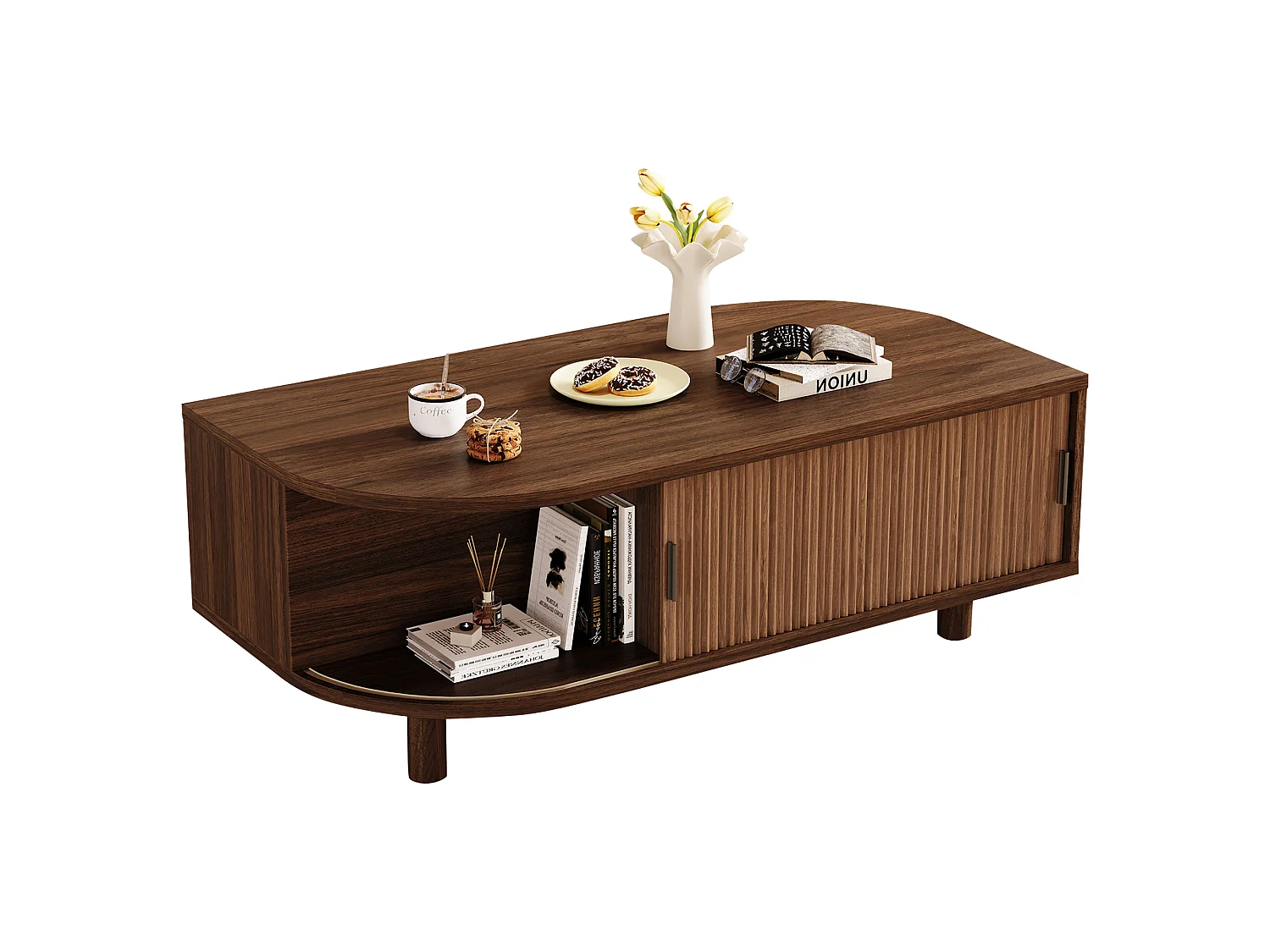 Tavolo basso 100x50x35 cm - 2 porte scorrevoli e spazio contenitivo - Gambe in legno massello - MDF - Marrone