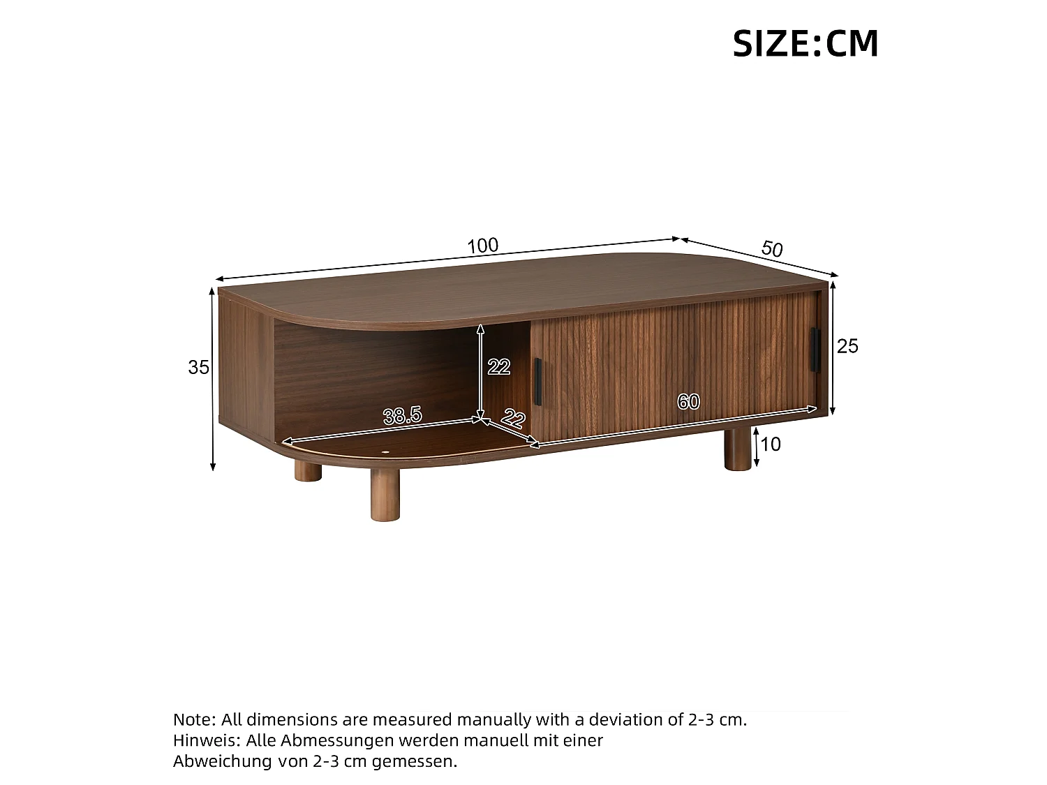 Tavolo basso 100x50x35 cm - 2 porte scorrevoli e spazio contenitivo - Gambe in legno massello - MDF - Marrone