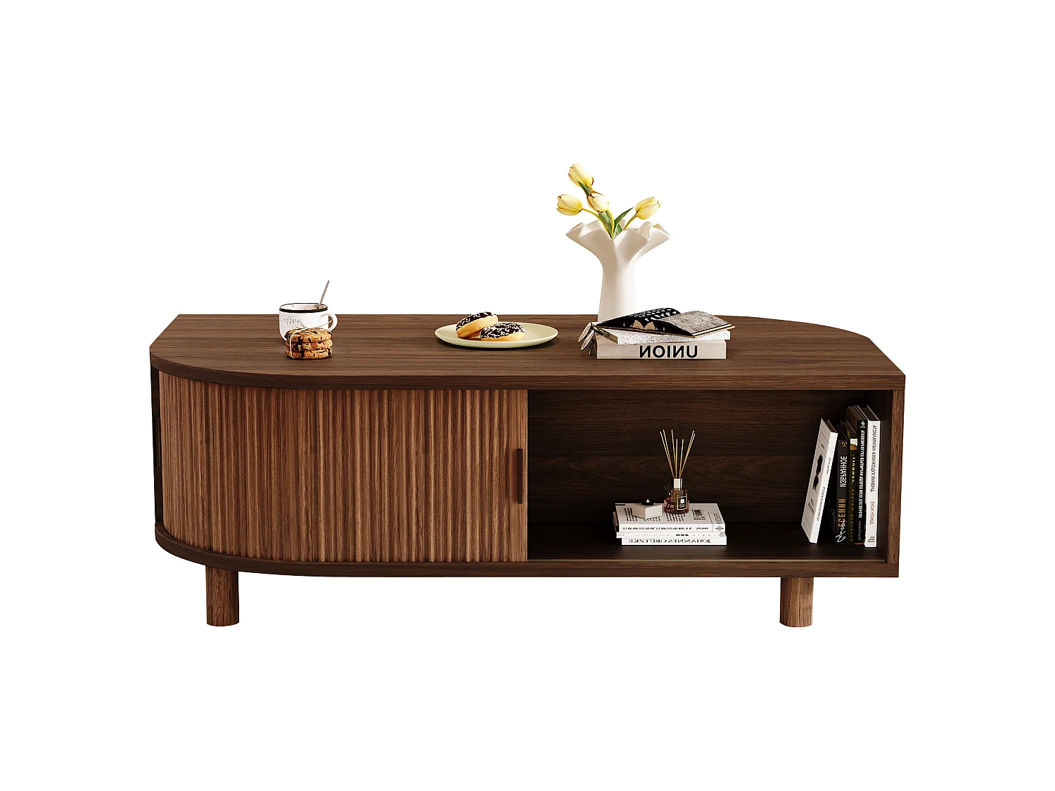 Tavolo basso 100x50x35 cm - 2 porte scorrevoli e spazio contenitivo - Gambe in legno massello - MDF - Marrone
