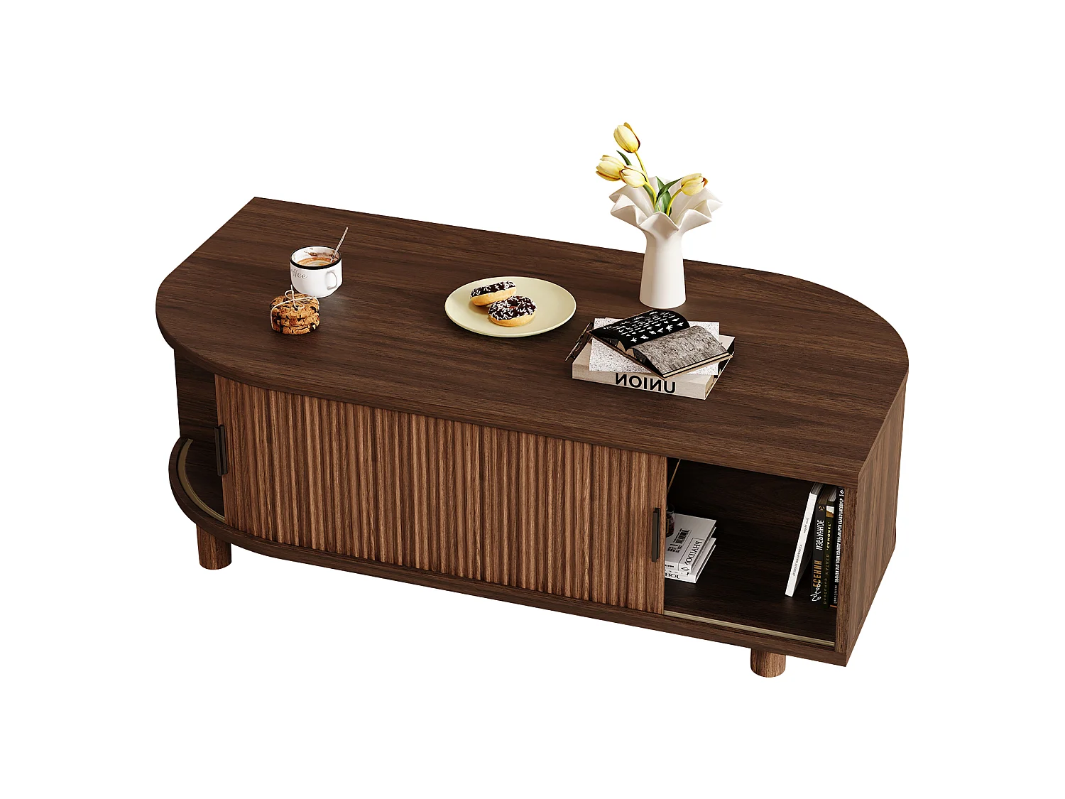 Tavolo basso 100x50x35 cm - 2 porte scorrevoli e spazio contenitivo - Gambe in legno massello - MDF - Marrone
