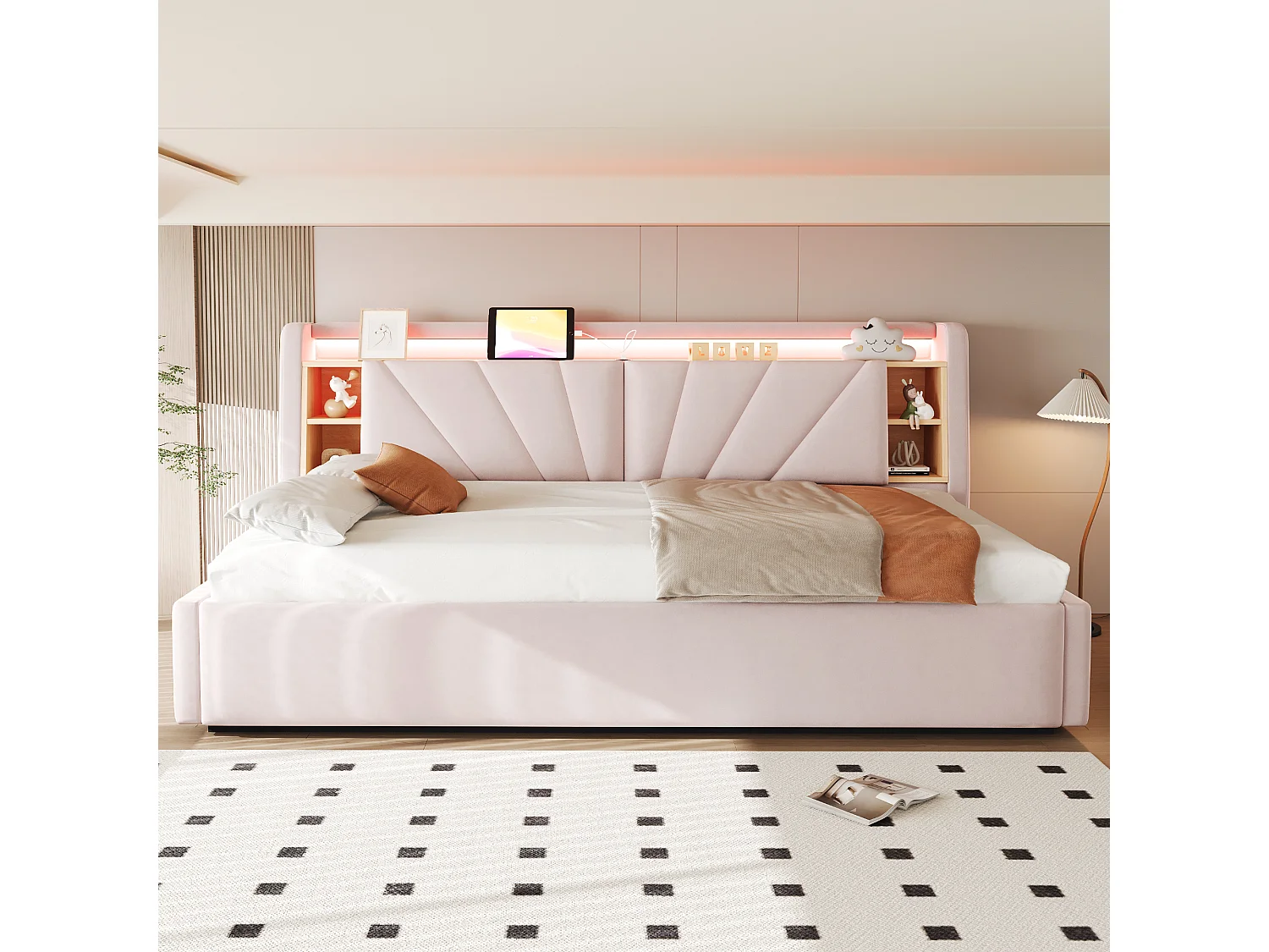 Lit coffre rembourré 90 x 200 cm – avec étagères – avec compartiments de rangement – ​​avec éclairage LED et port USB – Rose (matelas non inclus)