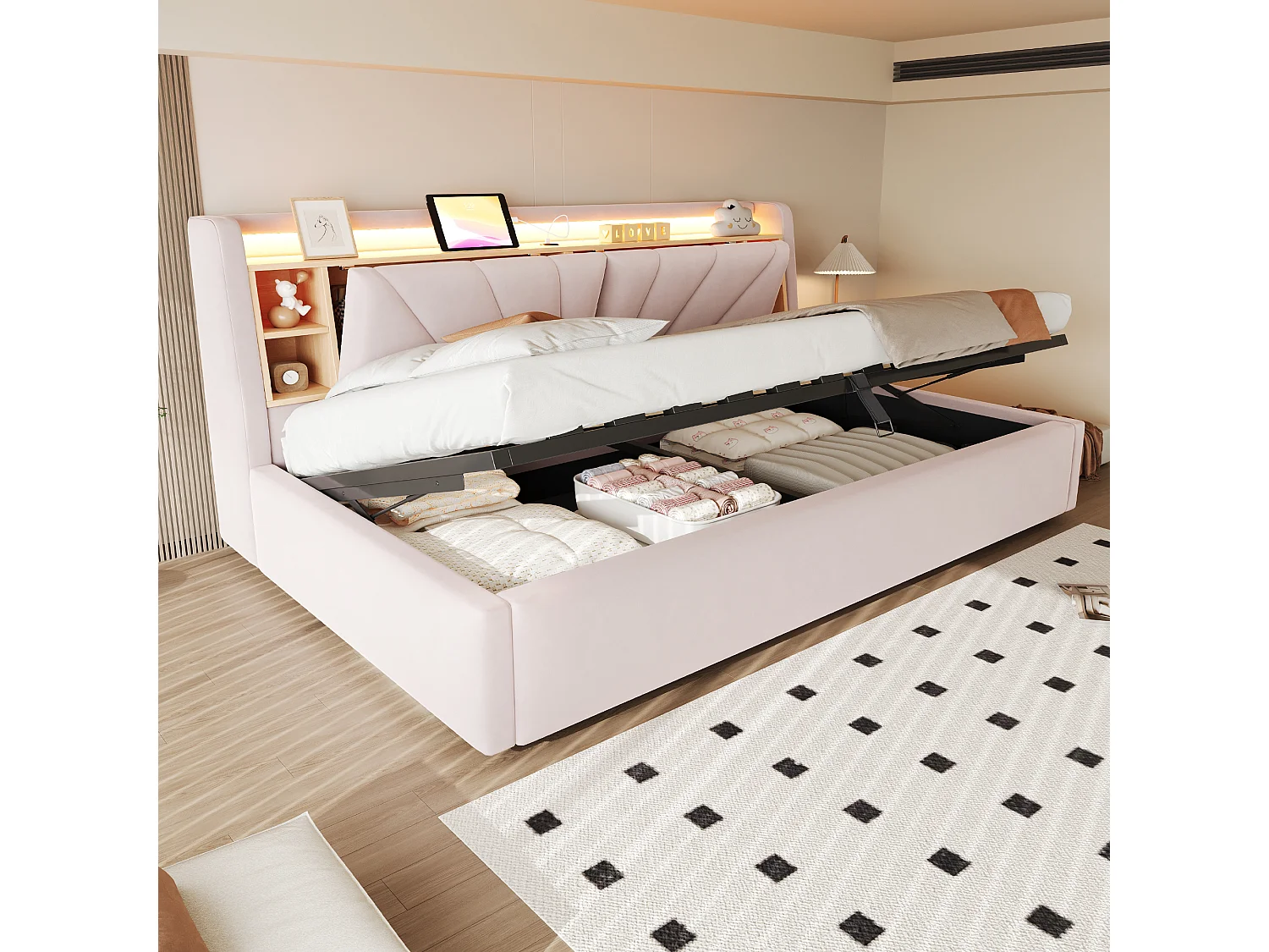 Lit coffre rembourré 90 x 200 cm – avec étagères – avec compartiments de rangement – ​​avec éclairage LED et port USB – Rose (matelas non inclus)