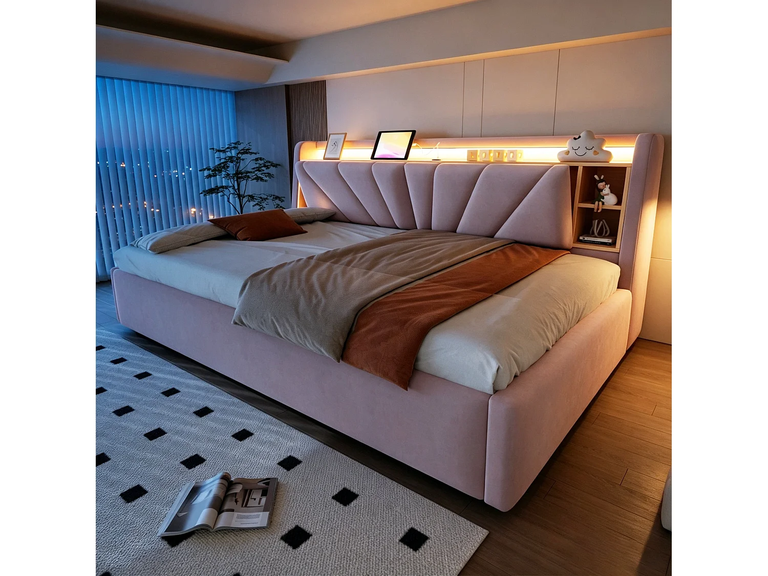 Lit coffre rembourré 90 x 200 cm – avec étagères – avec compartiments de rangement – ​​avec éclairage LED et port USB – Rose (matelas non inclus)