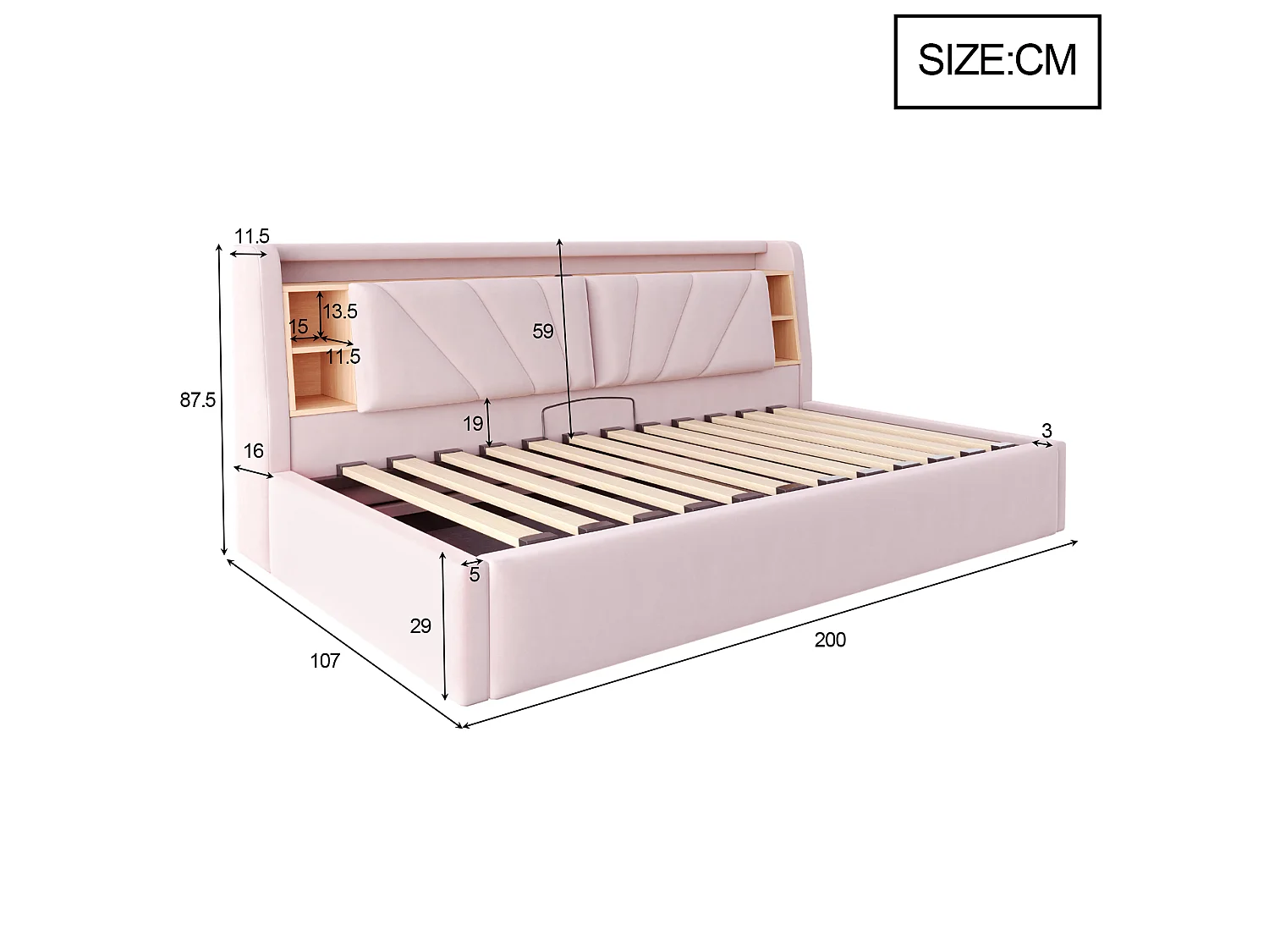 Lit coffre rembourré 90 x 200 cm – avec étagères – avec compartiments de rangement – ​​avec éclairage LED et port USB – Rose (matelas non inclus)