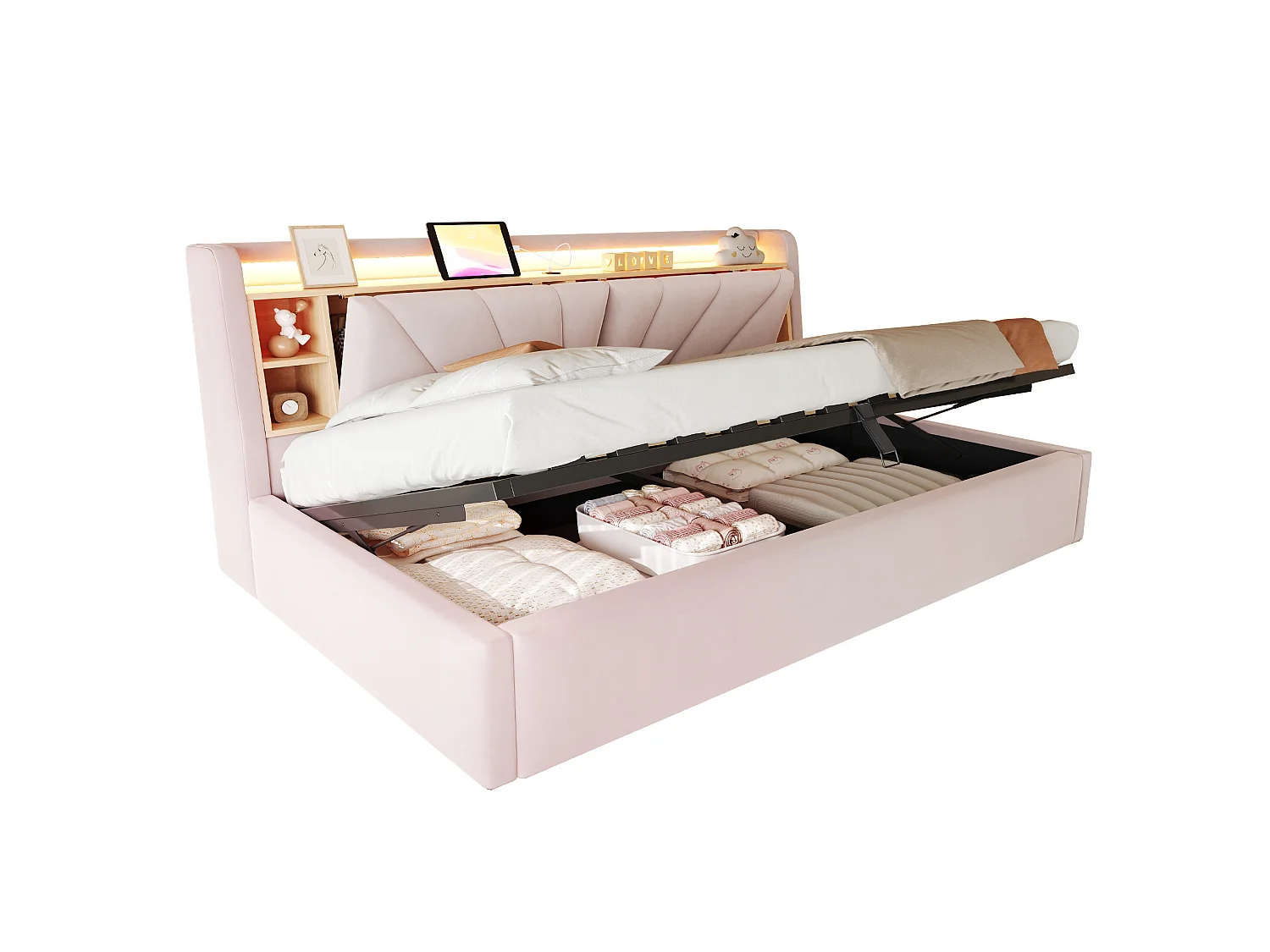 Lit coffre rembourré 90 x 200 cm – avec étagères – avec compartiments de rangement – ​​avec éclairage LED et port USB – Rose (matelas non inclus)