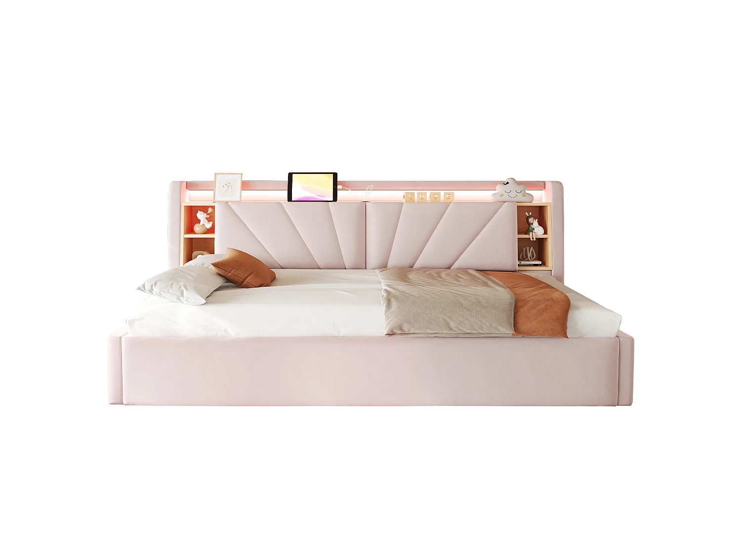 Lit coffre rembourré 90 x 200 cm – avec étagères – avec compartiments de rangement – ​​avec éclairage LED et port USB – Rose (matelas non inclus)