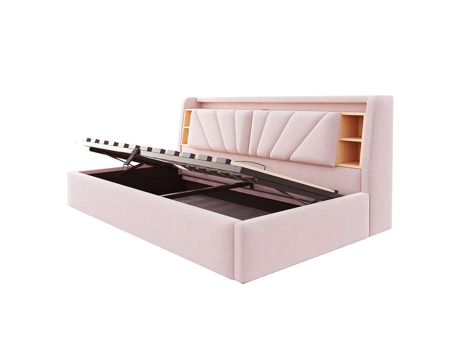 Lit coffre rembourré 90 x 200 cm – avec étagères – avec compartiments de rangement – ​​avec éclairage LED et port USB – Rose (matelas non inclus)