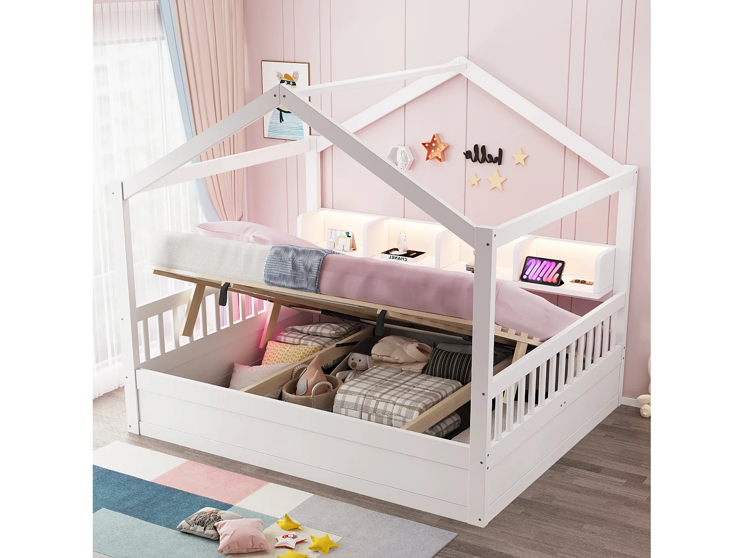 Lit enfant 140 × 200 cm – avec barrière de sécurité – avec espaces de rangement – ​​avec bande LED et prise électrique – blanc (matelas non inclus)