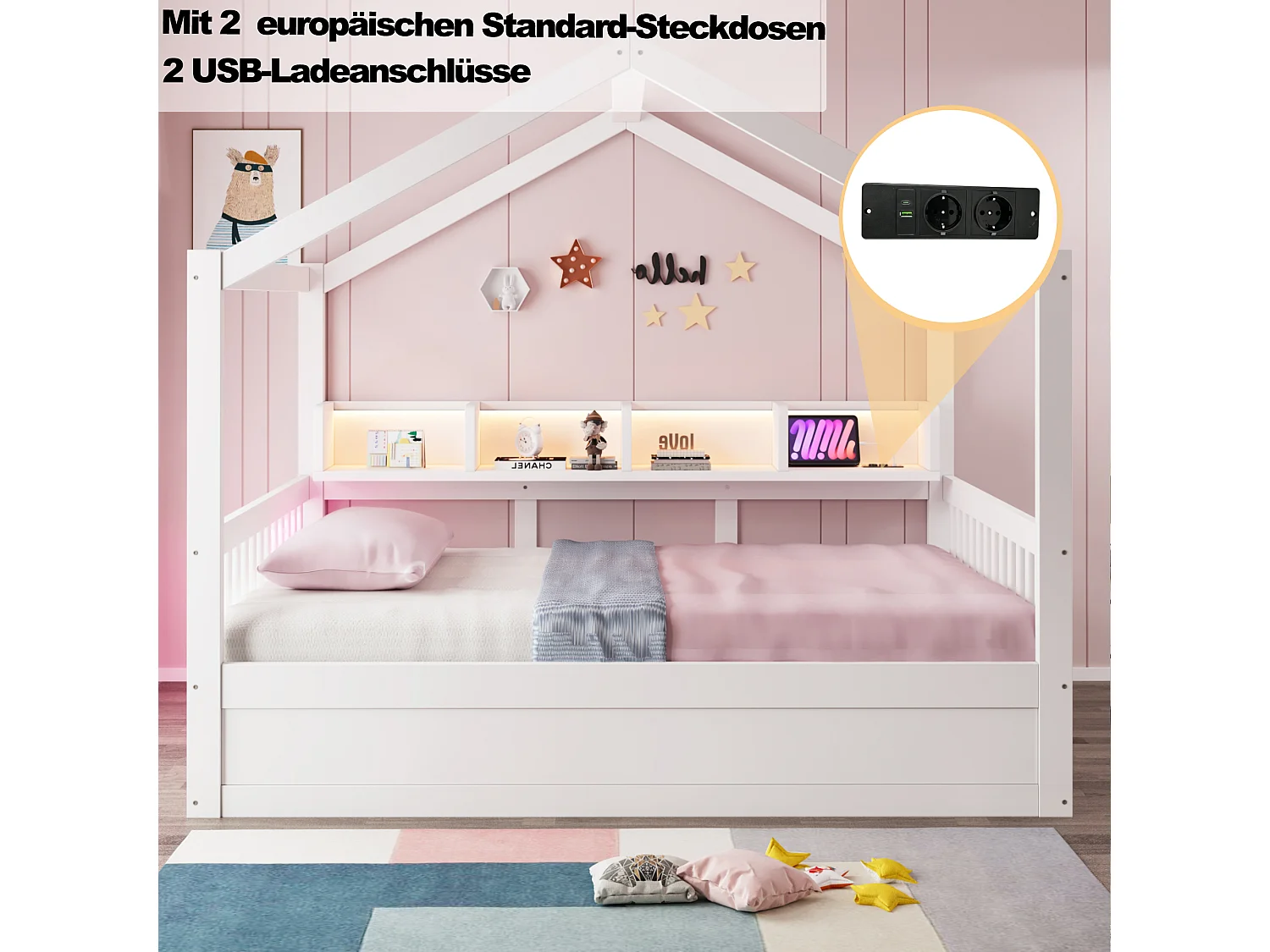 Lit enfant 140 × 200 cm – avec barrière de sécurité – avec espaces de rangement – ​​avec bande LED et prise électrique – blanc (matelas non inclus)