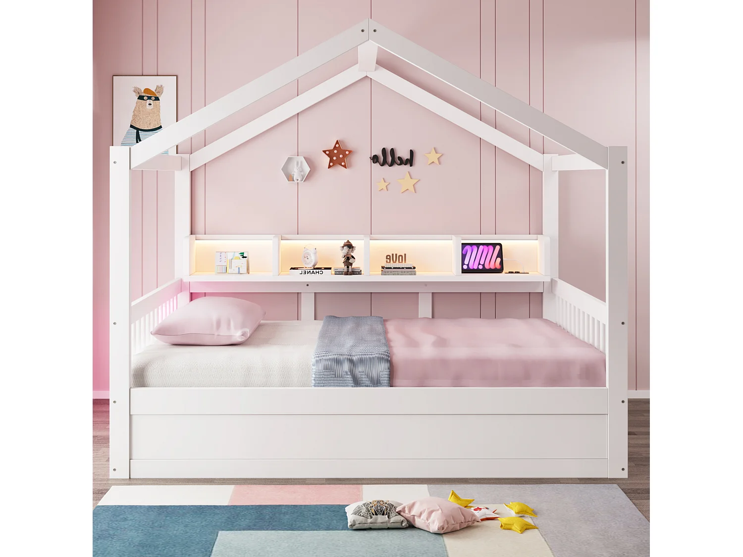 Lit enfant 140 × 200 cm – avec barrière de sécurité – avec espaces de rangement – ​​avec bande LED et prise électrique – blanc (matelas non inclus)