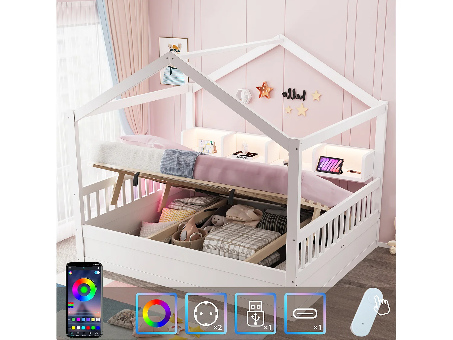 Lit enfant 140 × 200 cm – avec barrière de sécurité – avec espaces de rangement – ​​avec bande LED et prise électrique – blanc (matelas non inclus)