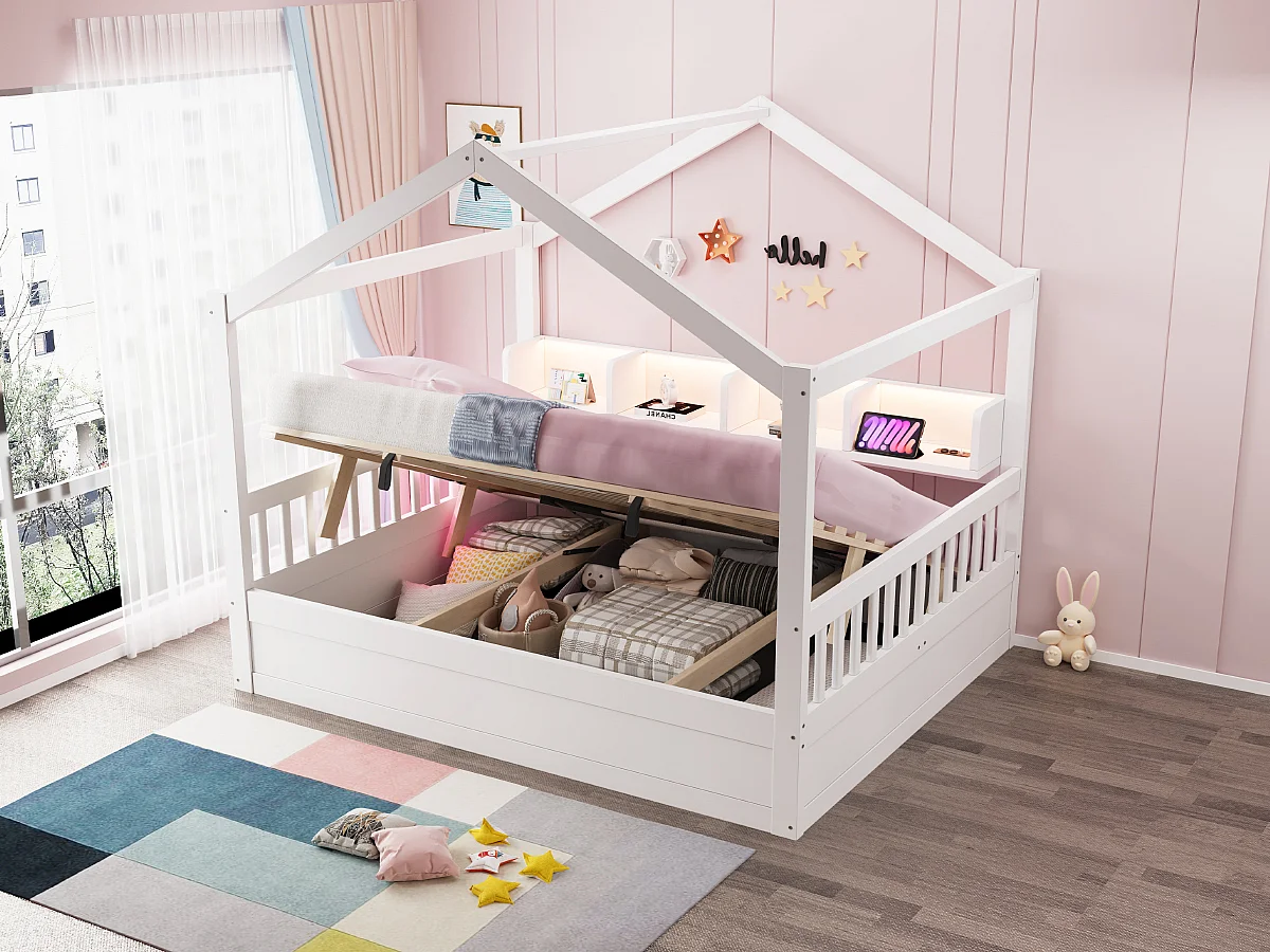 Lit enfant 140 × 200 cm – avec barrière de sécurité – avec espaces de rangement – ​​avec bande LED et prise électrique – blanc (matelas non inclus)