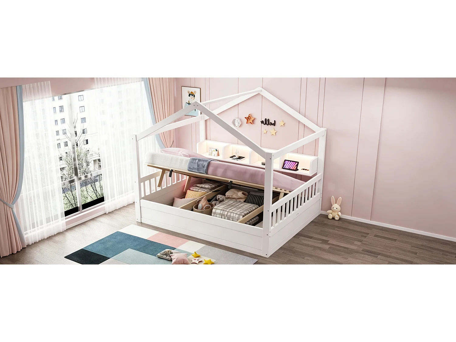 Lit enfant 140 × 200 cm – avec barrière de sécurité – avec espaces de rangement – ​​avec bande LED et prise électrique – blanc (matelas non inclus)