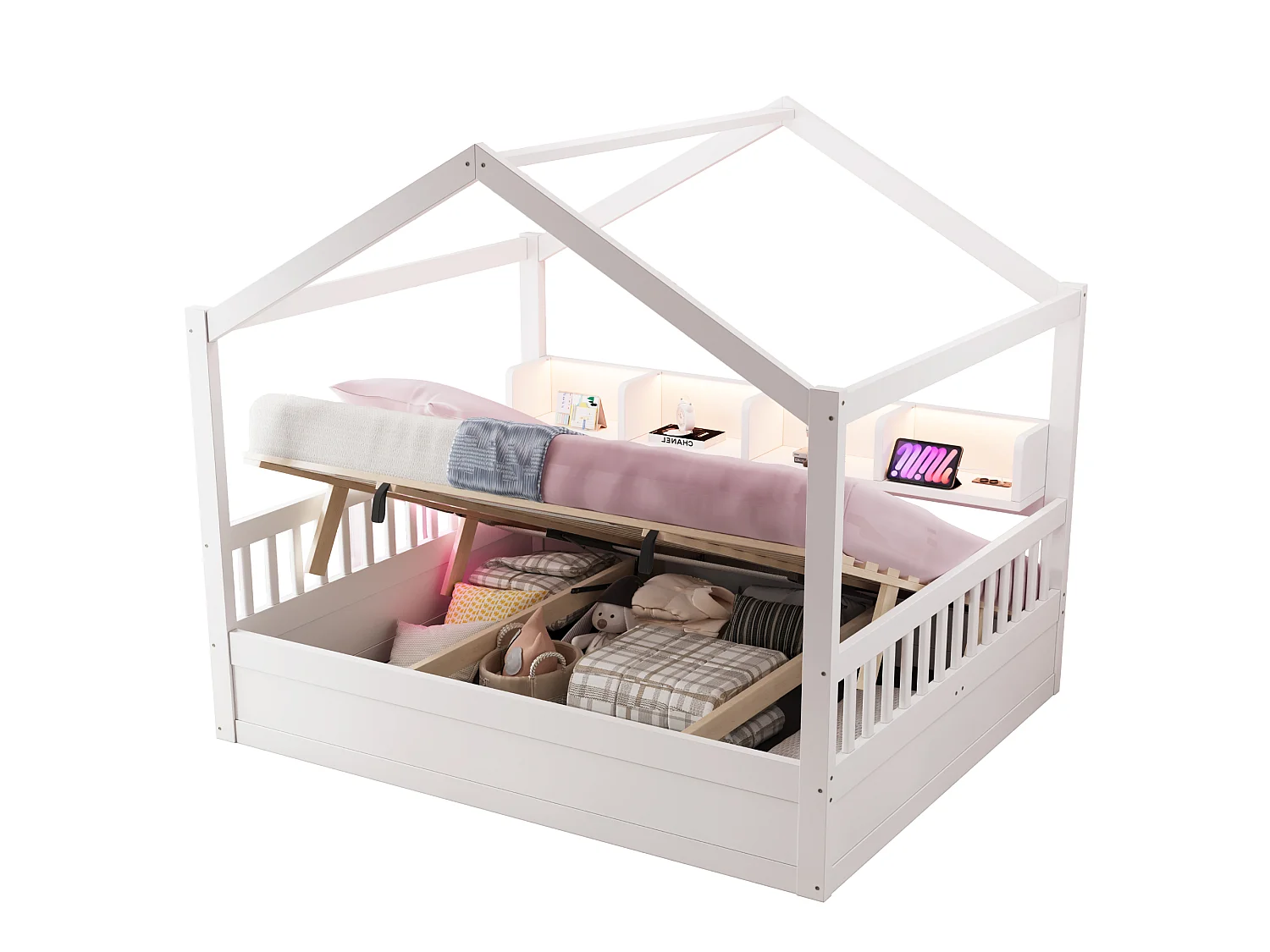 Lit enfant 140 × 200 cm – avec barrière de sécurité – avec espaces de rangement – ​​avec bande LED et prise électrique – blanc (matelas non inclus)