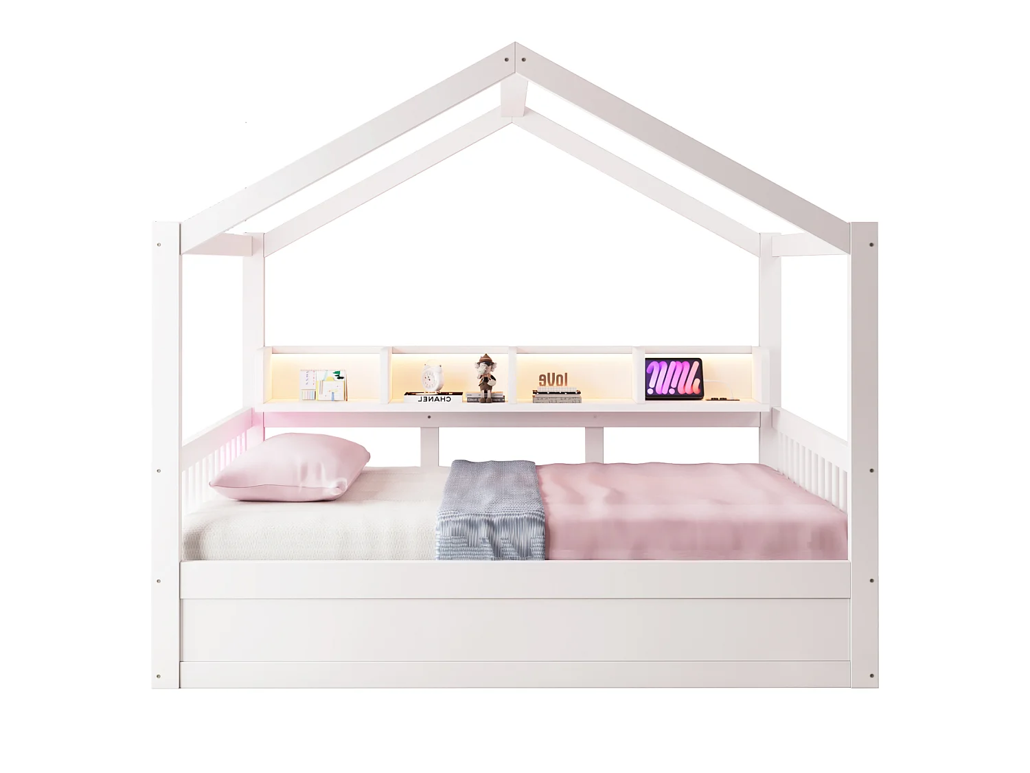 Lit enfant 140 × 200 cm – avec barrière de sécurité – avec espaces de rangement – ​​avec bande LED et prise électrique – blanc (matelas non inclus)