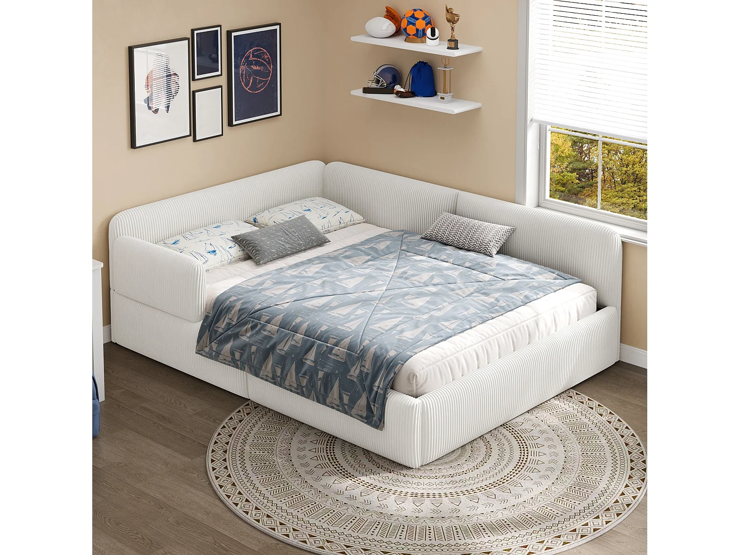 Cama arcón acolchada 140x200 cm - Con almacenamiento y barrera de seguridad lateral - Terciopelo acanalado - MDF - Blanco (sin colchón)