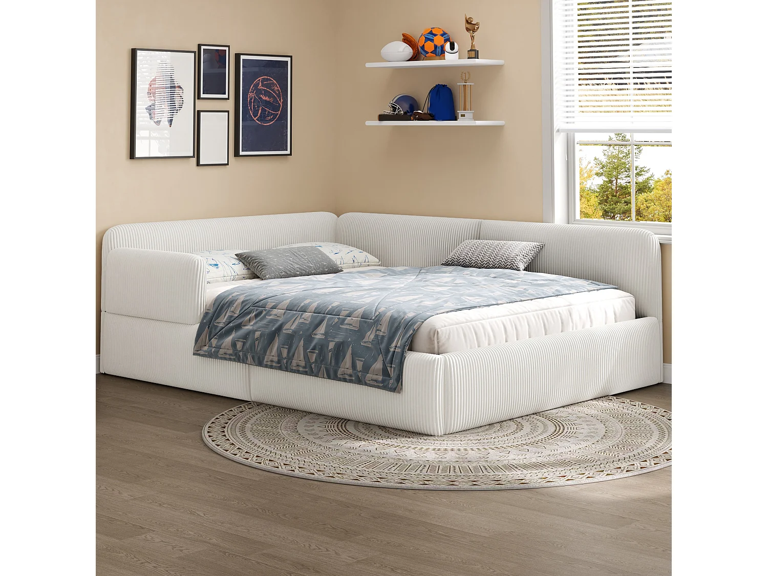 Cama arcón acolchada 140x200 cm - Con almacenamiento y barrera de seguridad lateral - Terciopelo acanalado - MDF - Blanco (sin colchón)