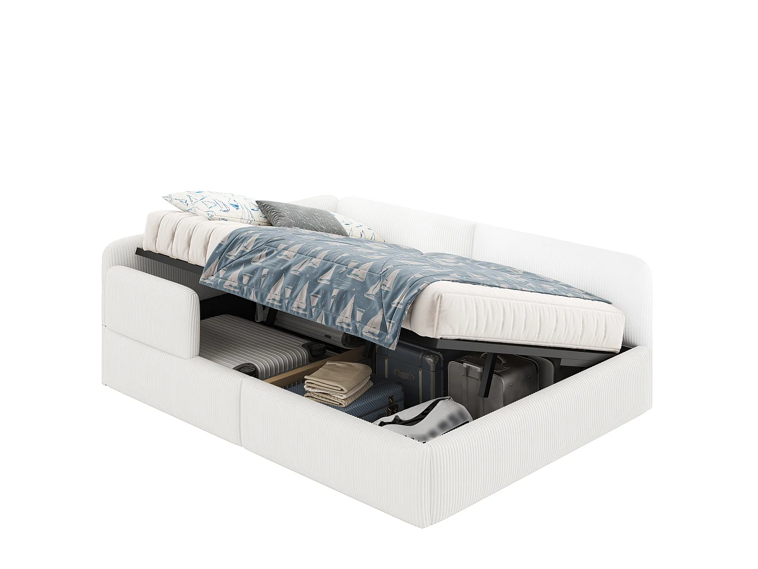 Cama arcón acolchada 140x200 cm - Con almacenamiento y barrera de seguridad lateral - Terciopelo acanalado - MDF - Blanco (sin colchón)