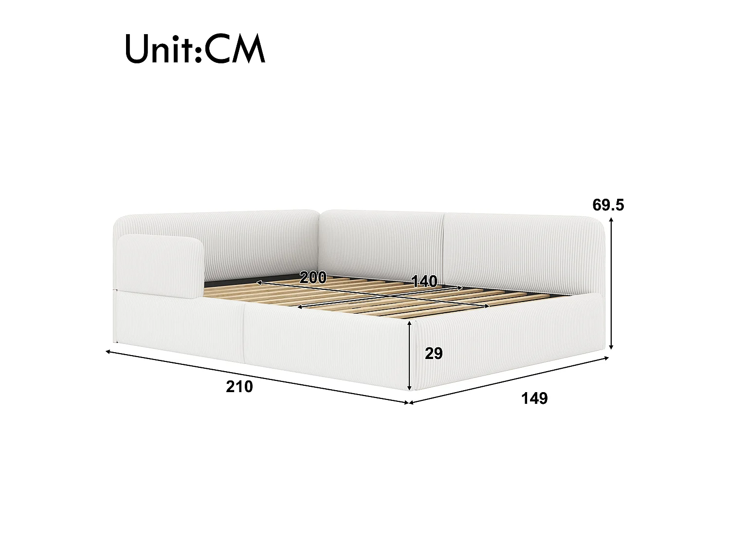 Cama arcón acolchada 140x200 cm - Con almacenamiento y barrera de seguridad lateral - Terciopelo acanalado - MDF - Blanco (sin colchón)