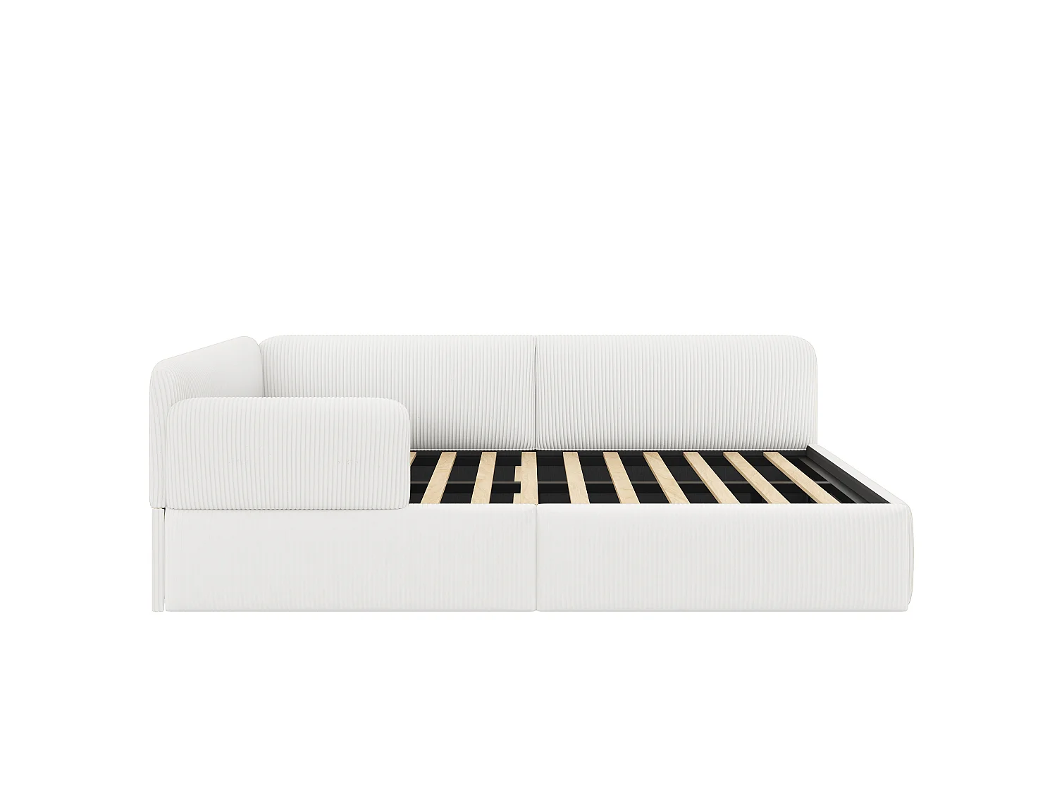 Cama arcón acolchada 140x200 cm - Con almacenamiento y barrera de seguridad lateral - Terciopelo acanalado - MDF - Blanco (sin colchón)