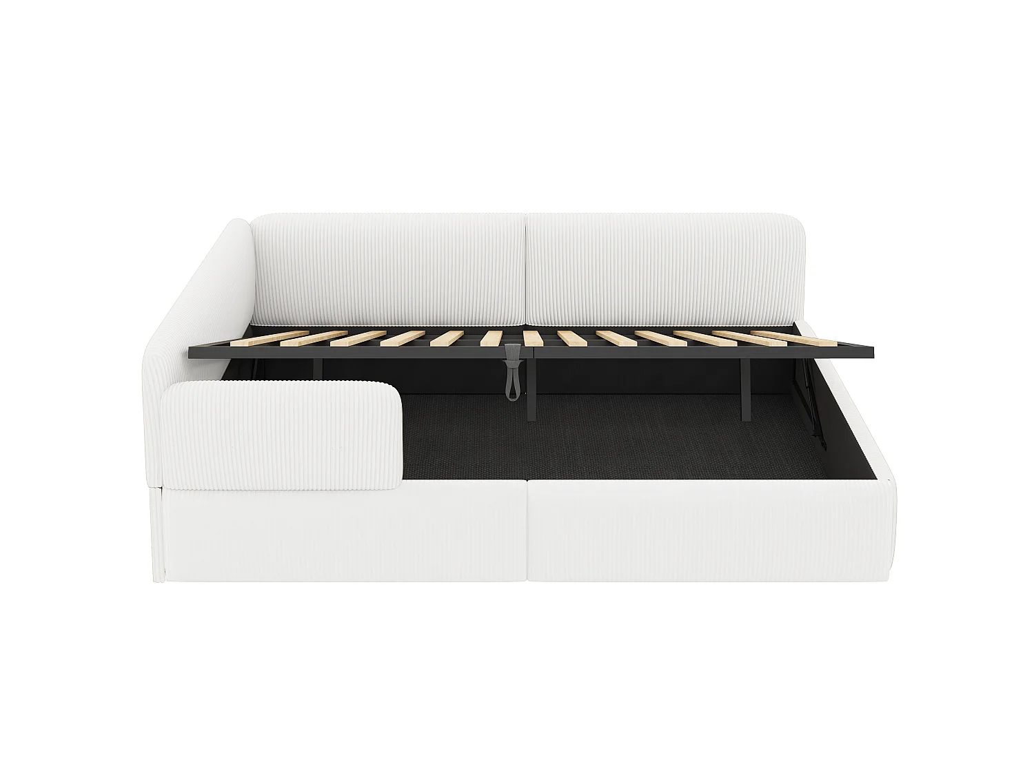 Cama arcón acolchada 140x200 cm - Con almacenamiento y barrera de seguridad lateral - Terciopelo acanalado - MDF - Blanco (sin colchón)