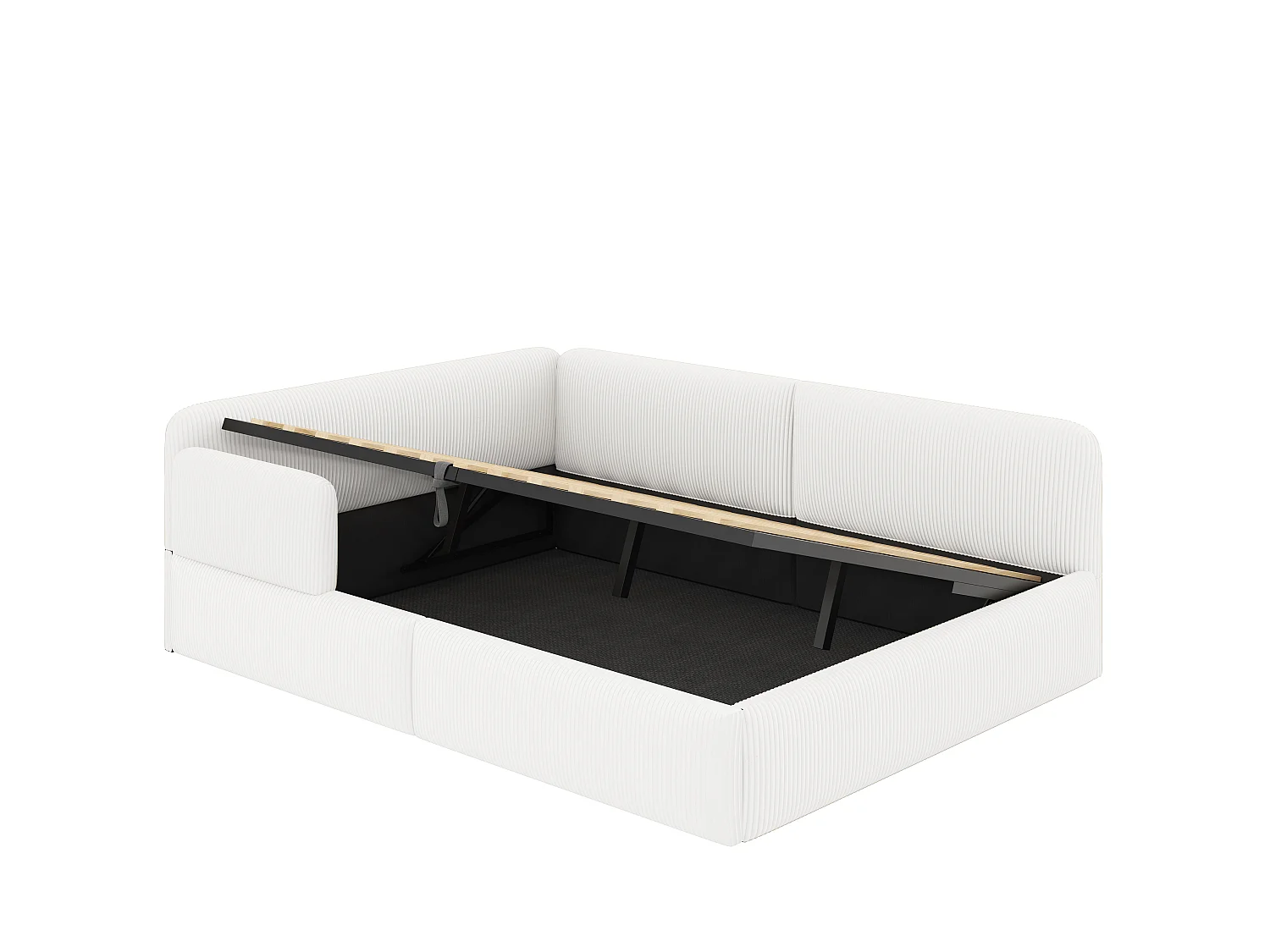 Cama arcón acolchada 140x200 cm - Con almacenamiento y barrera de seguridad lateral - Terciopelo acanalado - MDF - Blanco (sin colchón)