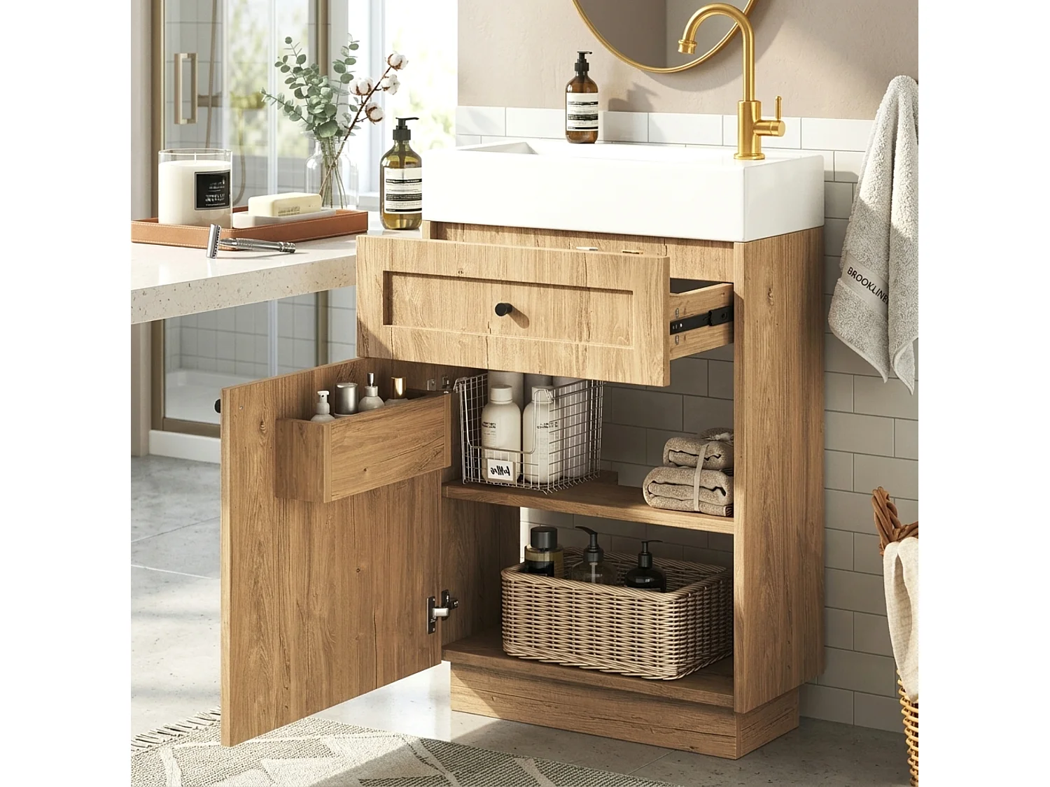 Meuble de Salle de Bain 46cm - Meuble Sous-Vasque Sur Pied avec Vasque Céramique, Tiroir, Porte & Rangement - Naturel