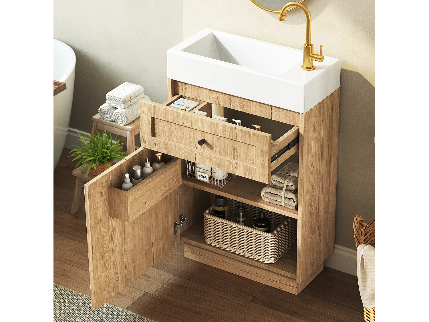 Meuble de Salle de Bain 46cm - Meuble Sous-Vasque Sur Pied avec Vasque Céramique, Tiroir, Porte & Rangement - Naturel