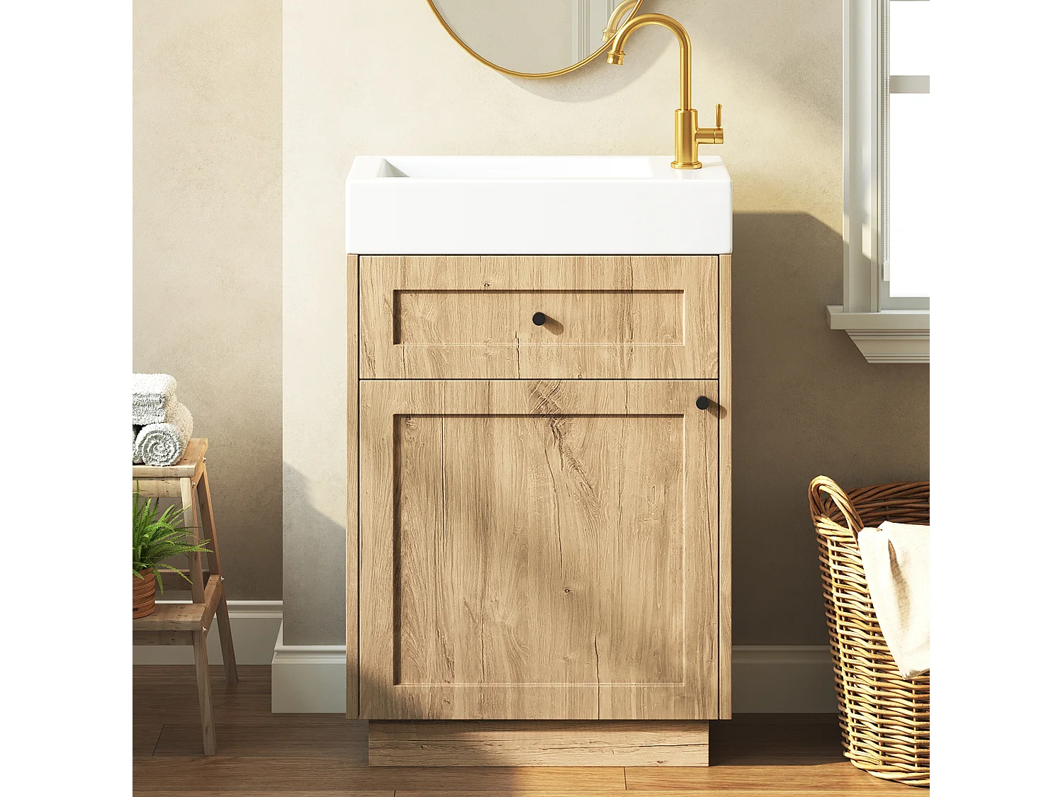 Meuble de Salle de Bain 46cm - Meuble Sous-Vasque Sur Pied avec Vasque Céramique, Tiroir, Porte & Rangement - Naturel