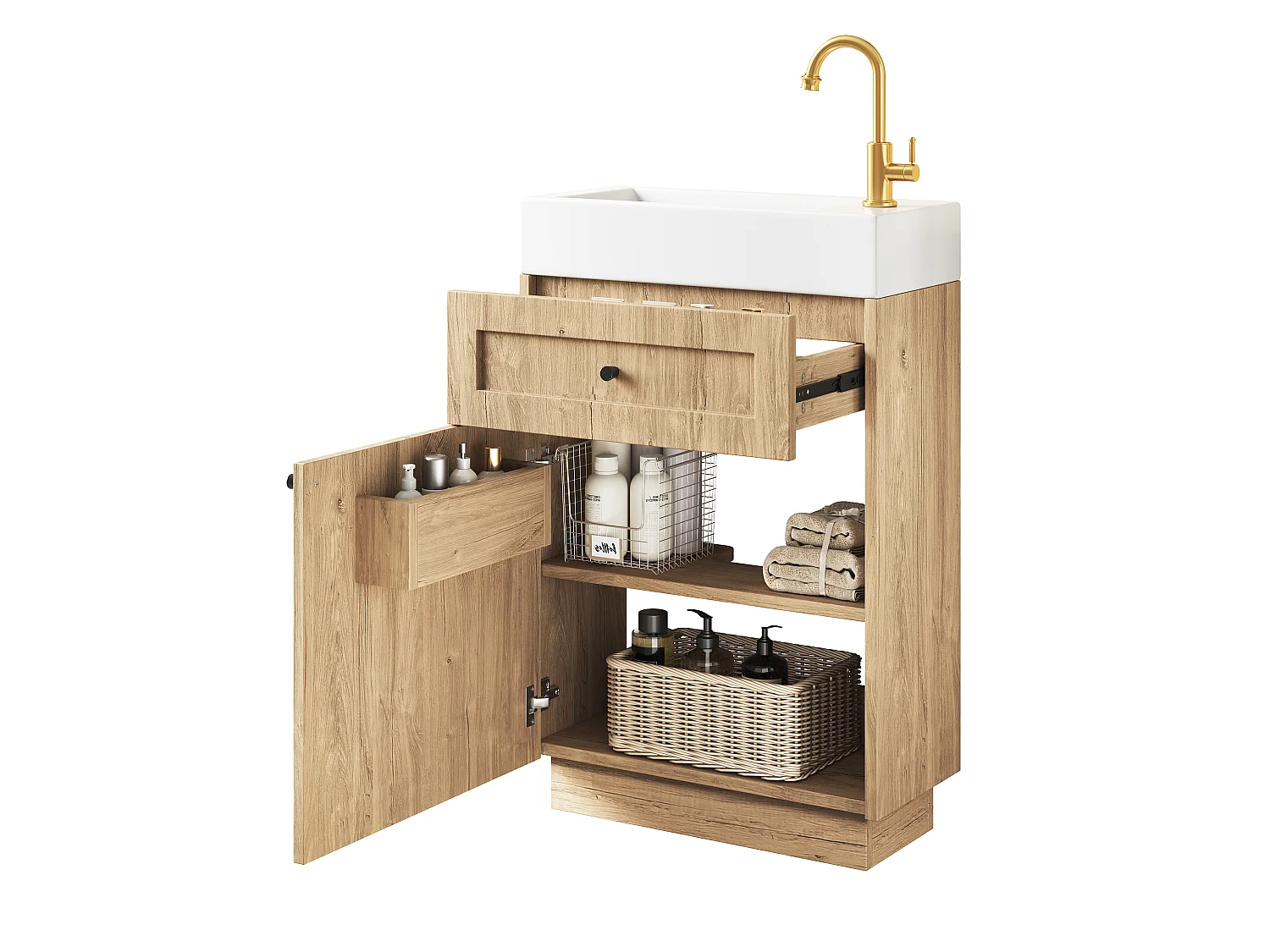 Meuble de Salle de Bain 46cm - Meuble Sous-Vasque Sur Pied avec Vasque Céramique, Tiroir, Porte & Rangement - Naturel