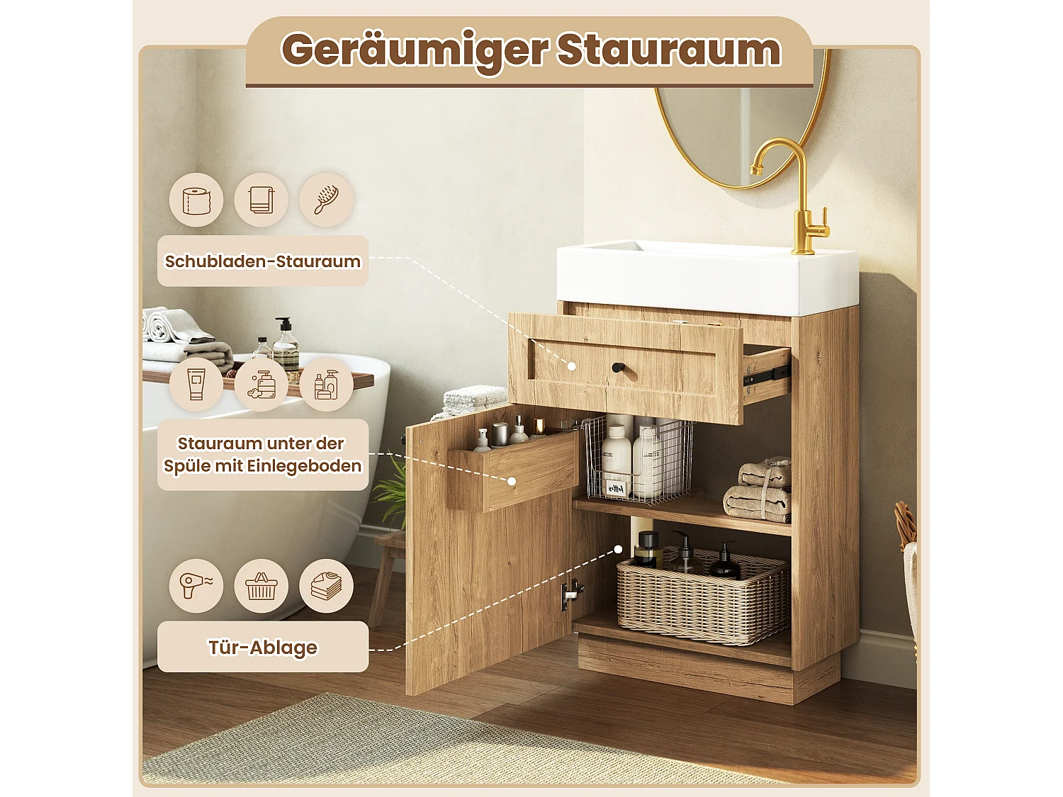 Meuble de Salle de Bain 46cm - Meuble Sous-Vasque Sur Pied avec Vasque Céramique, Tiroir, Porte & Rangement - Naturel