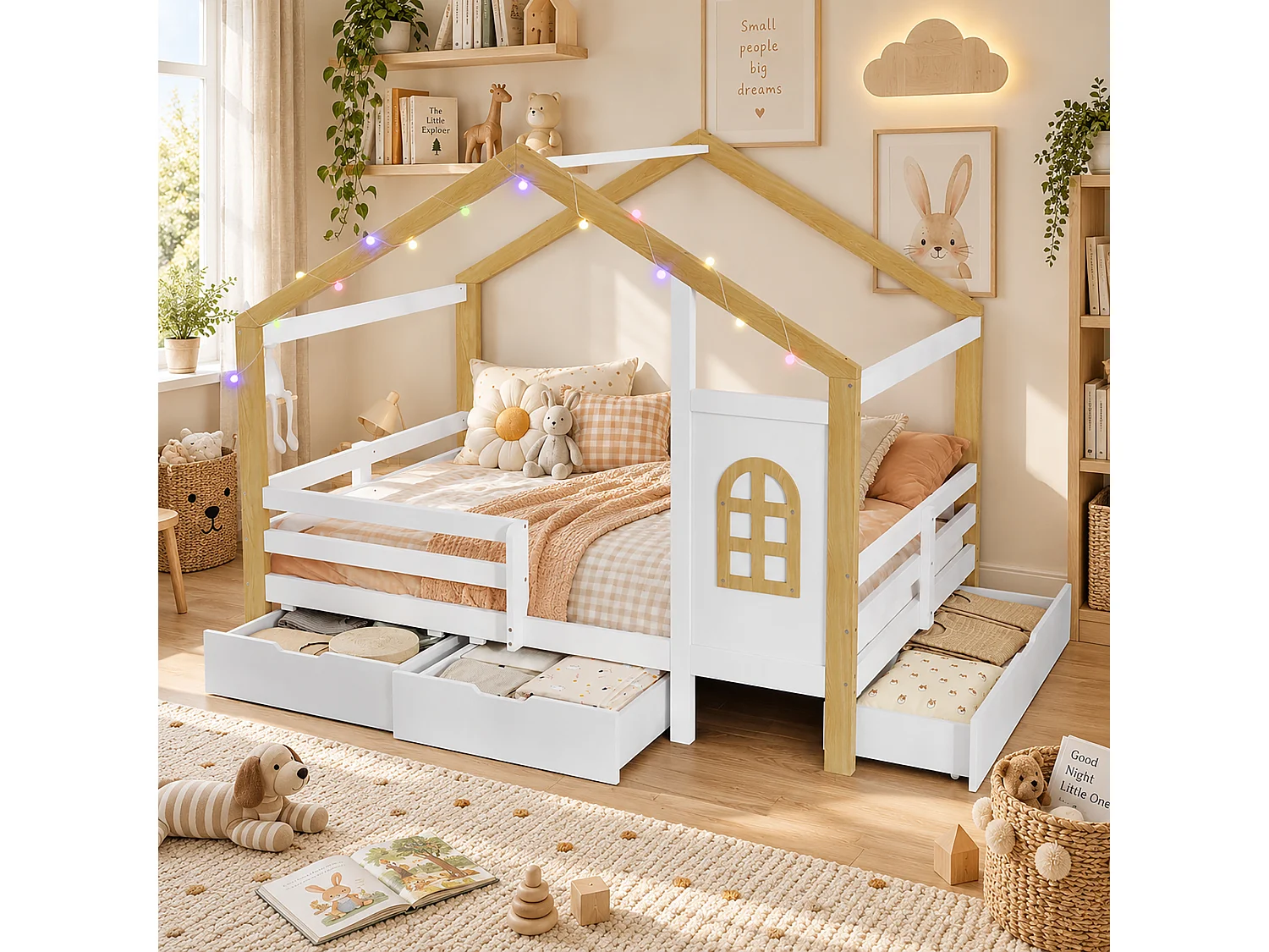 Lit pour enfant en forme de maison 120 x 200 cm - avec 3 tiroirs - garde-corps de sécurité - guirlande lumineuse à disposition libre - Blanc + Naturel