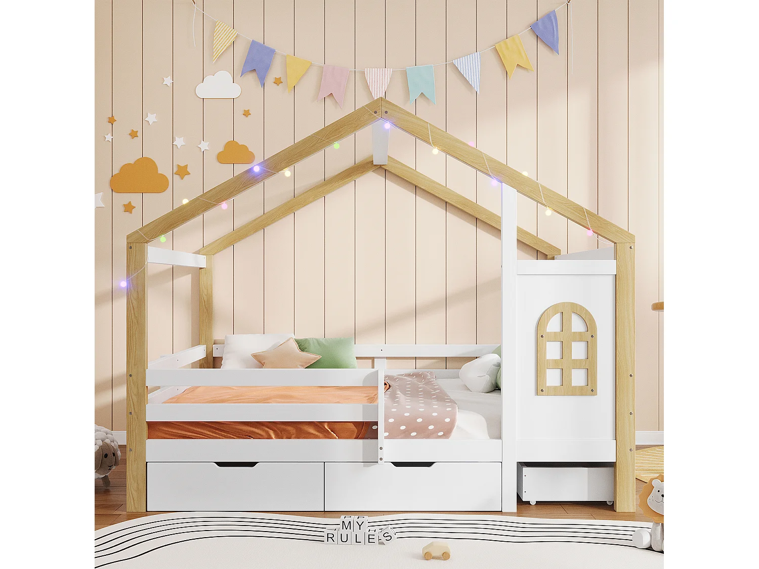 Lit pour enfant en forme de maison 120 x 200 cm - avec 3 tiroirs - garde-corps de sécurité - guirlande lumineuse à disposition libre - Blanc + Naturel