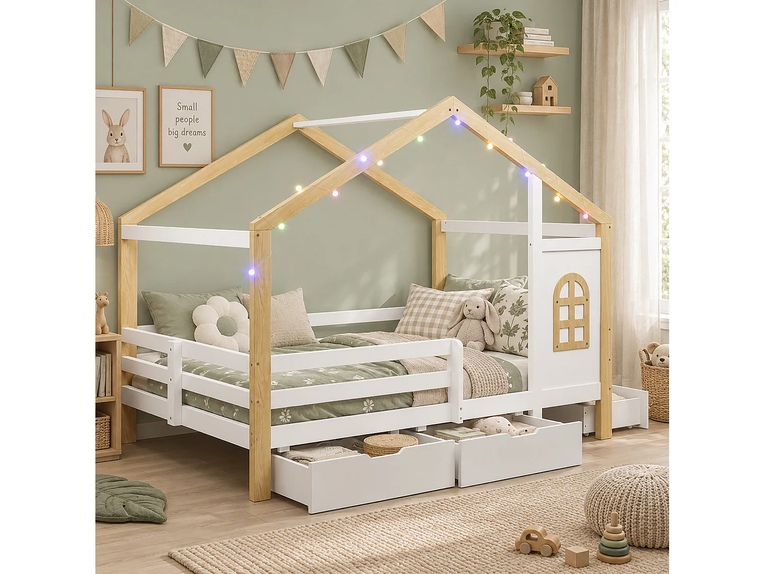 Lit pour enfant en forme de maison 120 x 200 cm - avec 3 tiroirs - garde-corps de sécurité - guirlande lumineuse à disposition libre - Blanc + Naturel