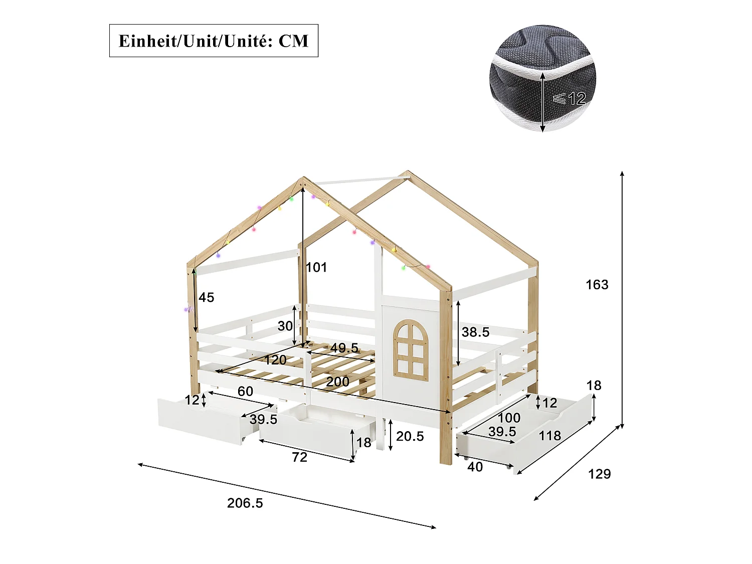 Lit pour enfant en forme de maison 120 x 200 cm - avec 3 tiroirs - garde-corps de sécurité - guirlande lumineuse à disposition libre - Blanc + Naturel