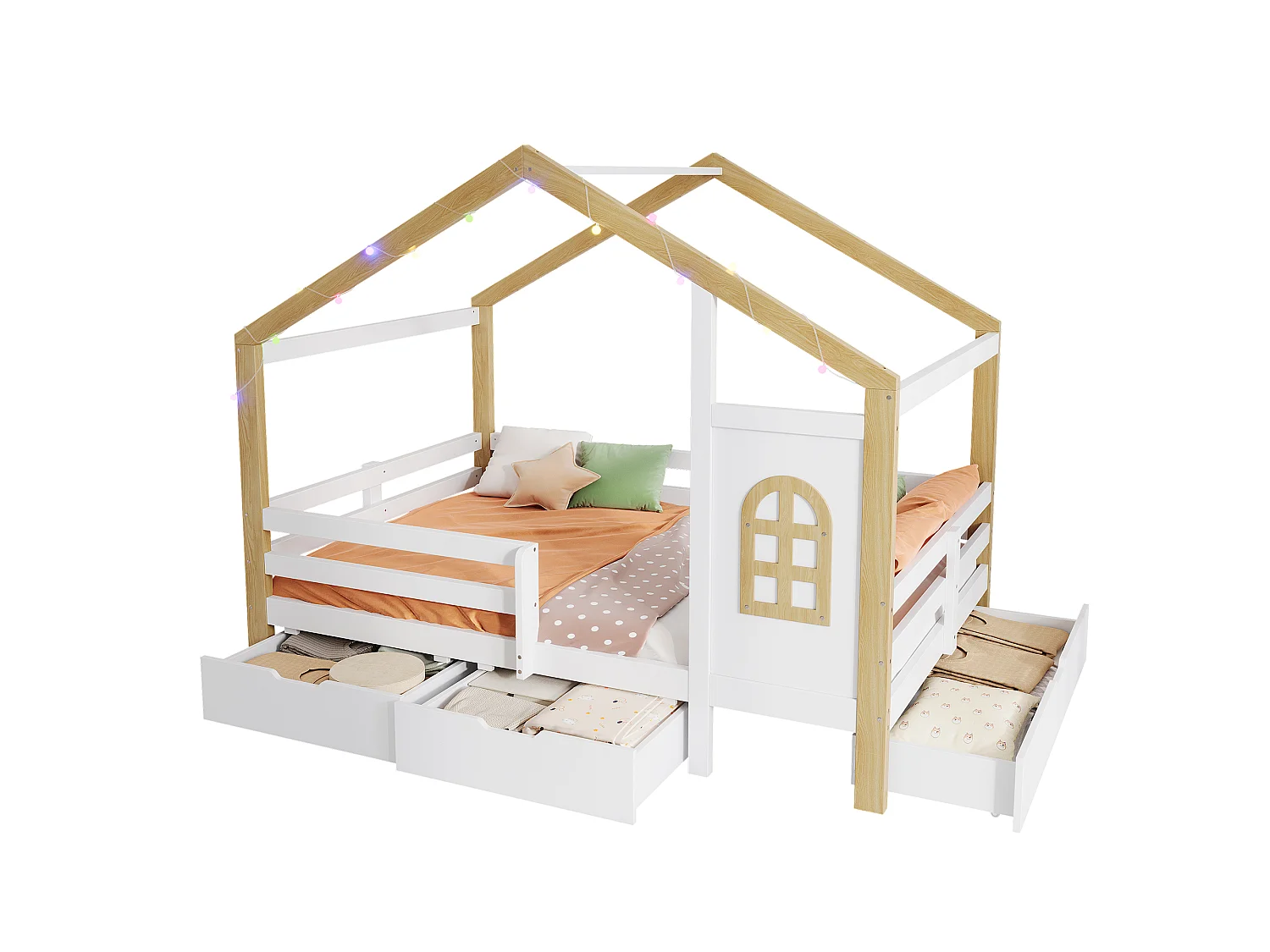 Lit pour enfant en forme de maison 120 x 200 cm - avec 3 tiroirs - garde-corps de sécurité - guirlande lumineuse à disposition libre - Blanc + Naturel