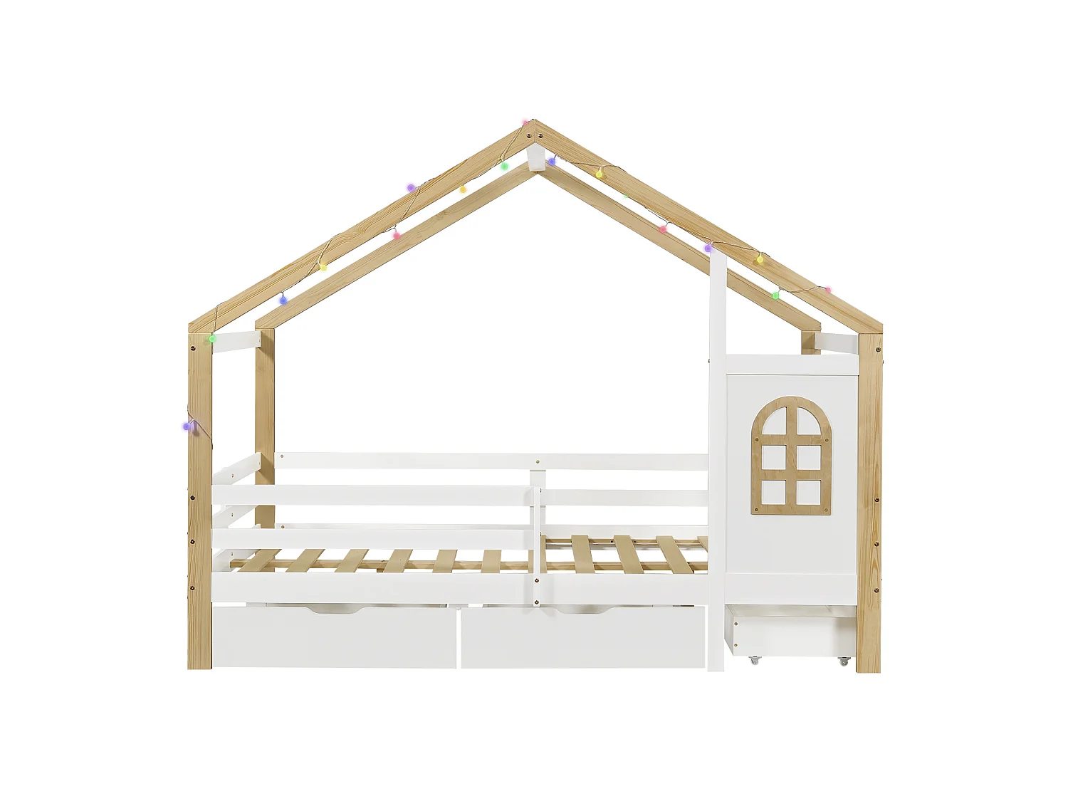 Lit pour enfant en forme de maison 120 x 200 cm - avec 3 tiroirs - garde-corps de sécurité - guirlande lumineuse à disposition libre - Blanc + Naturel