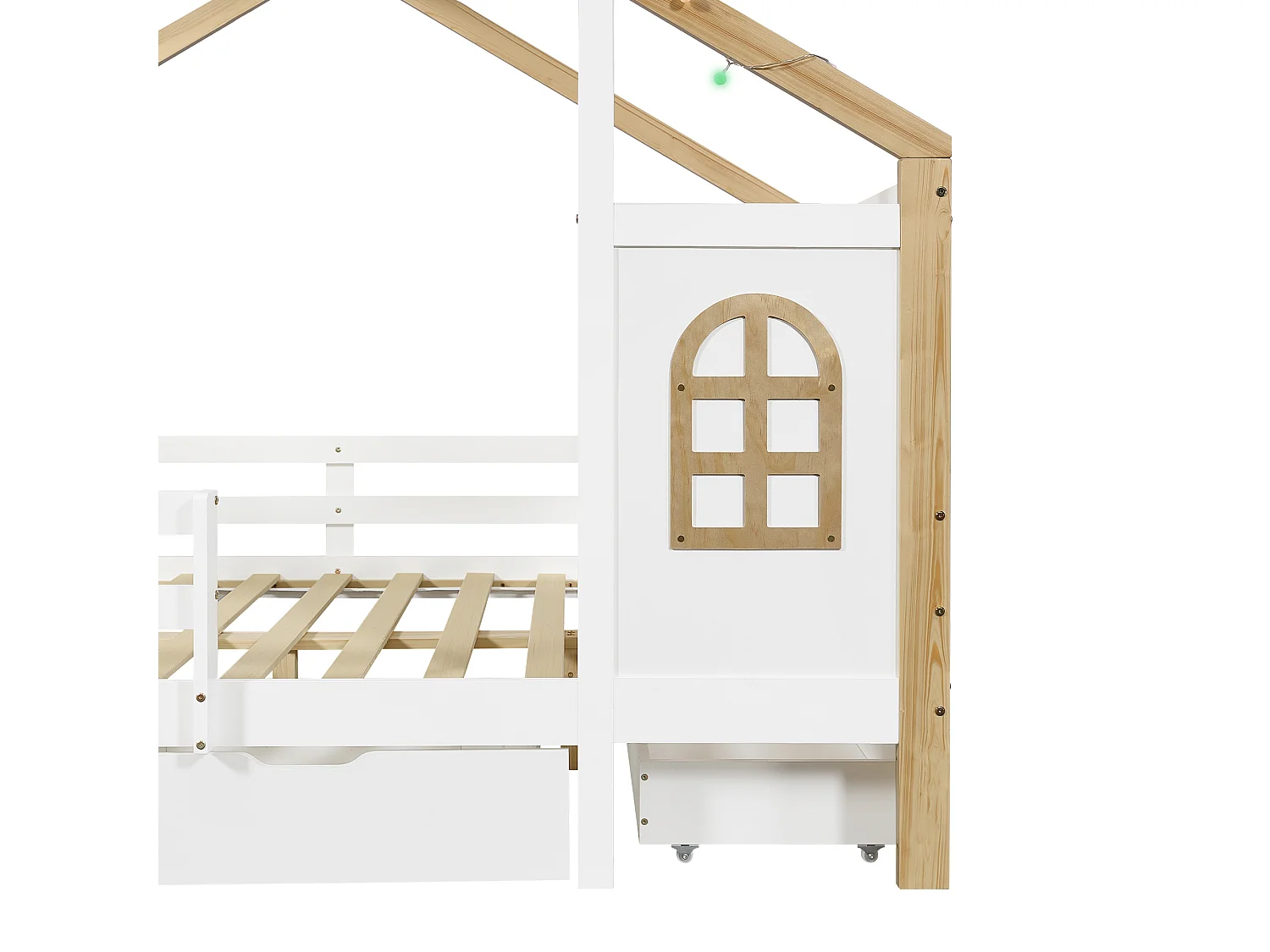 Lit pour enfant en forme de maison 120 x 200 cm - avec 3 tiroirs - garde-corps de sécurité - guirlande lumineuse à disposition libre - Blanc + Naturel