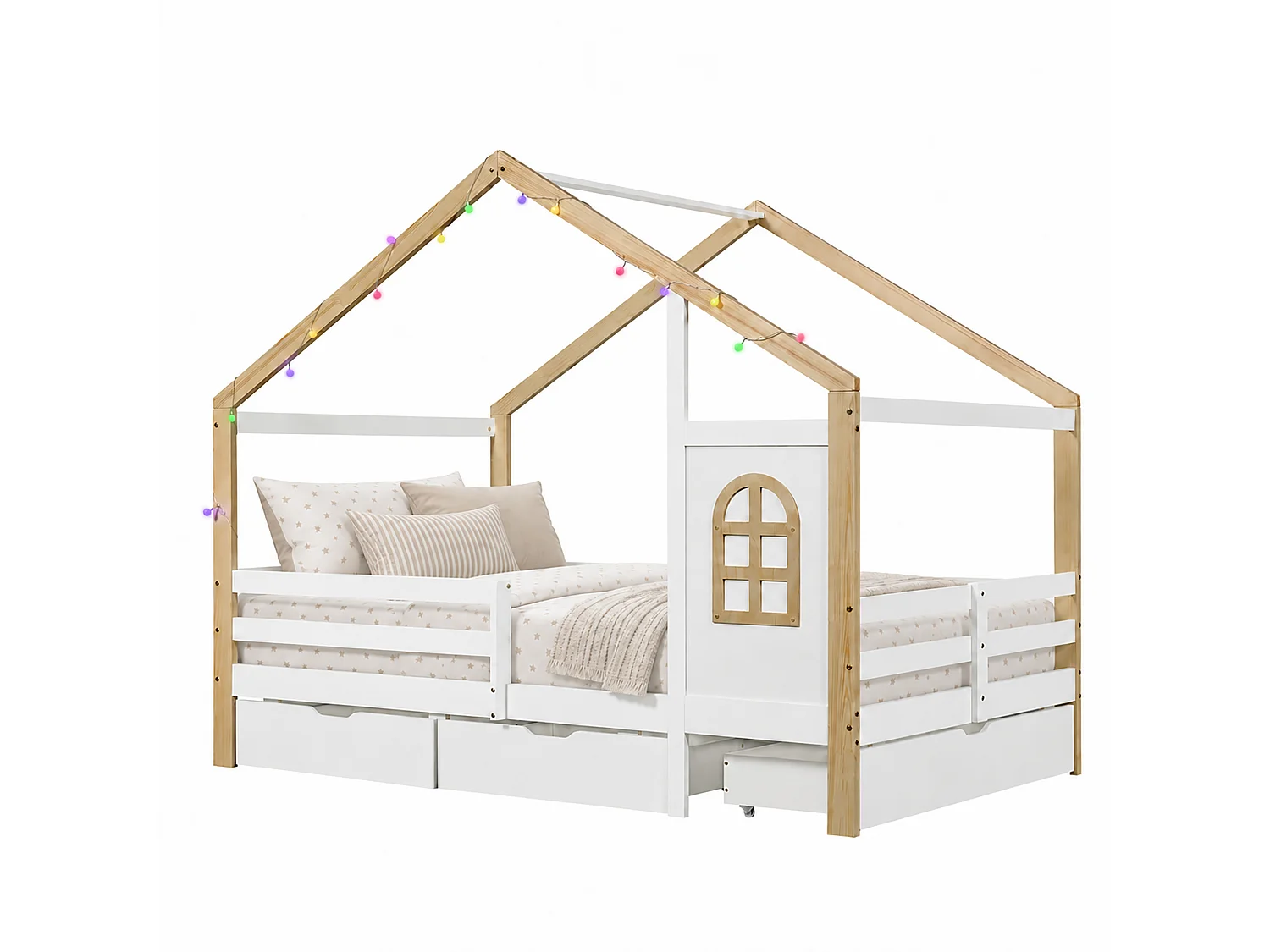 Lit pour enfant en forme de maison 120 x 200 cm - avec 3 tiroirs - garde-corps de sécurité - guirlande lumineuse à disposition libre - Blanc + Naturel