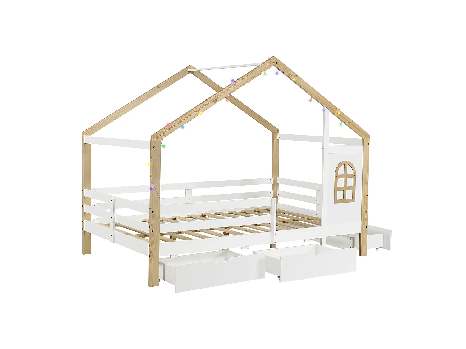Lit pour enfant en forme de maison 120 x 200 cm - avec 3 tiroirs - garde-corps de sécurité - guirlande lumineuse à disposition libre - Blanc + Naturel
