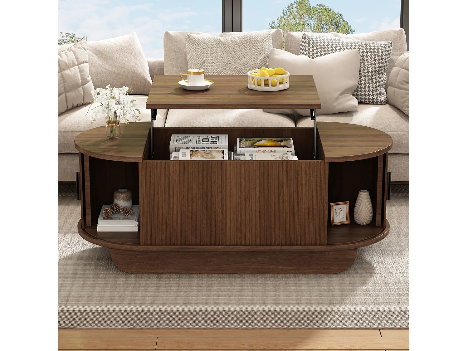 Tavolo basso sollevabile 110x50x42 cm - Altezza sollevabile fino a 55,5 cm - 2 porte scorrevoli a doghe - Marrone