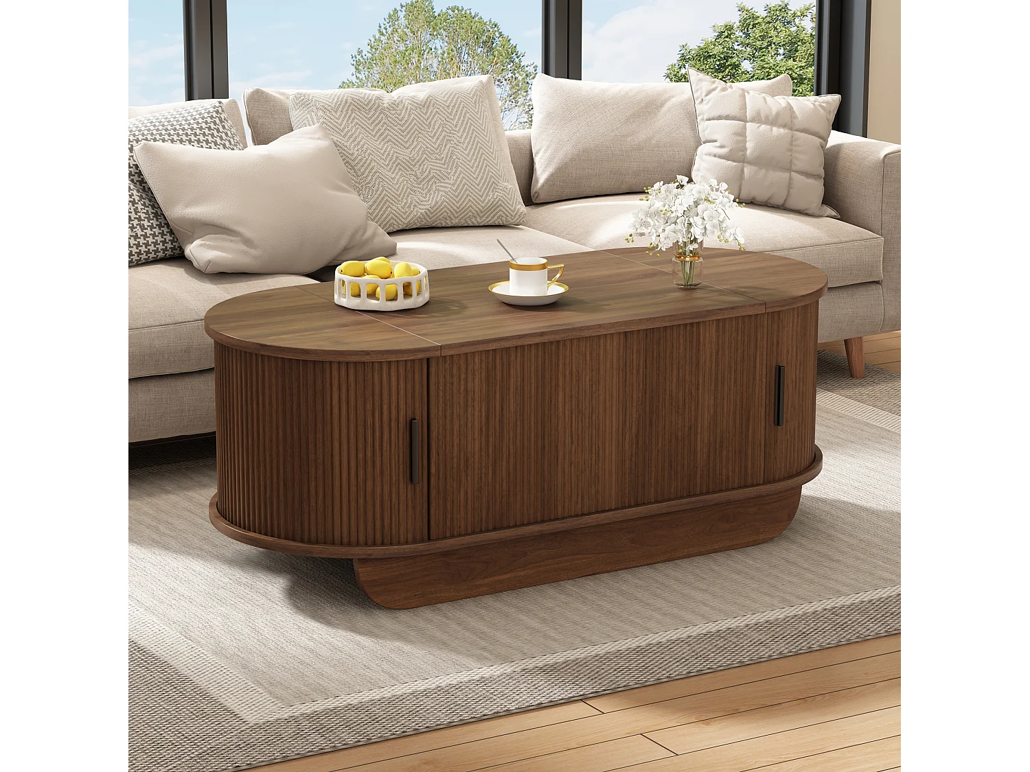 Tavolo basso sollevabile 110x50x42 cm - Altezza sollevabile fino a 55,5 cm - 2 porte scorrevoli a doghe - Marrone