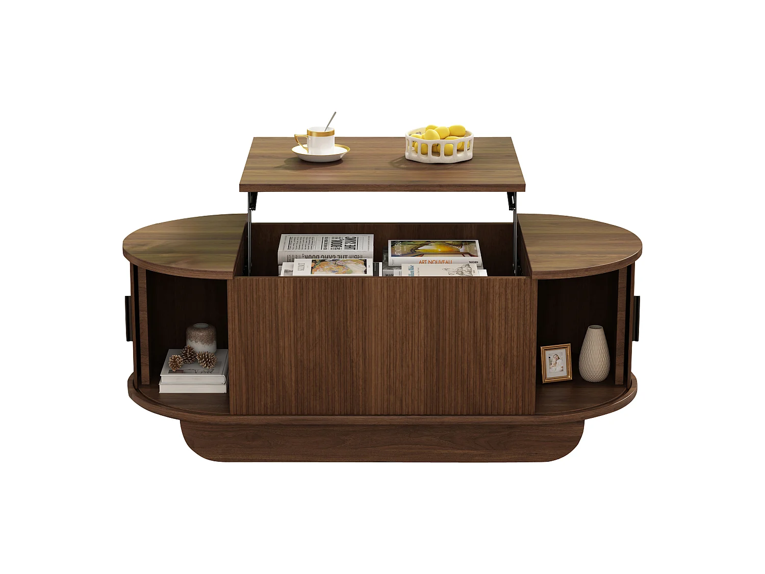 Tavolo basso sollevabile 110x50x42 cm - Altezza sollevabile fino a 55,5 cm - 2 porte scorrevoli a doghe - Marrone