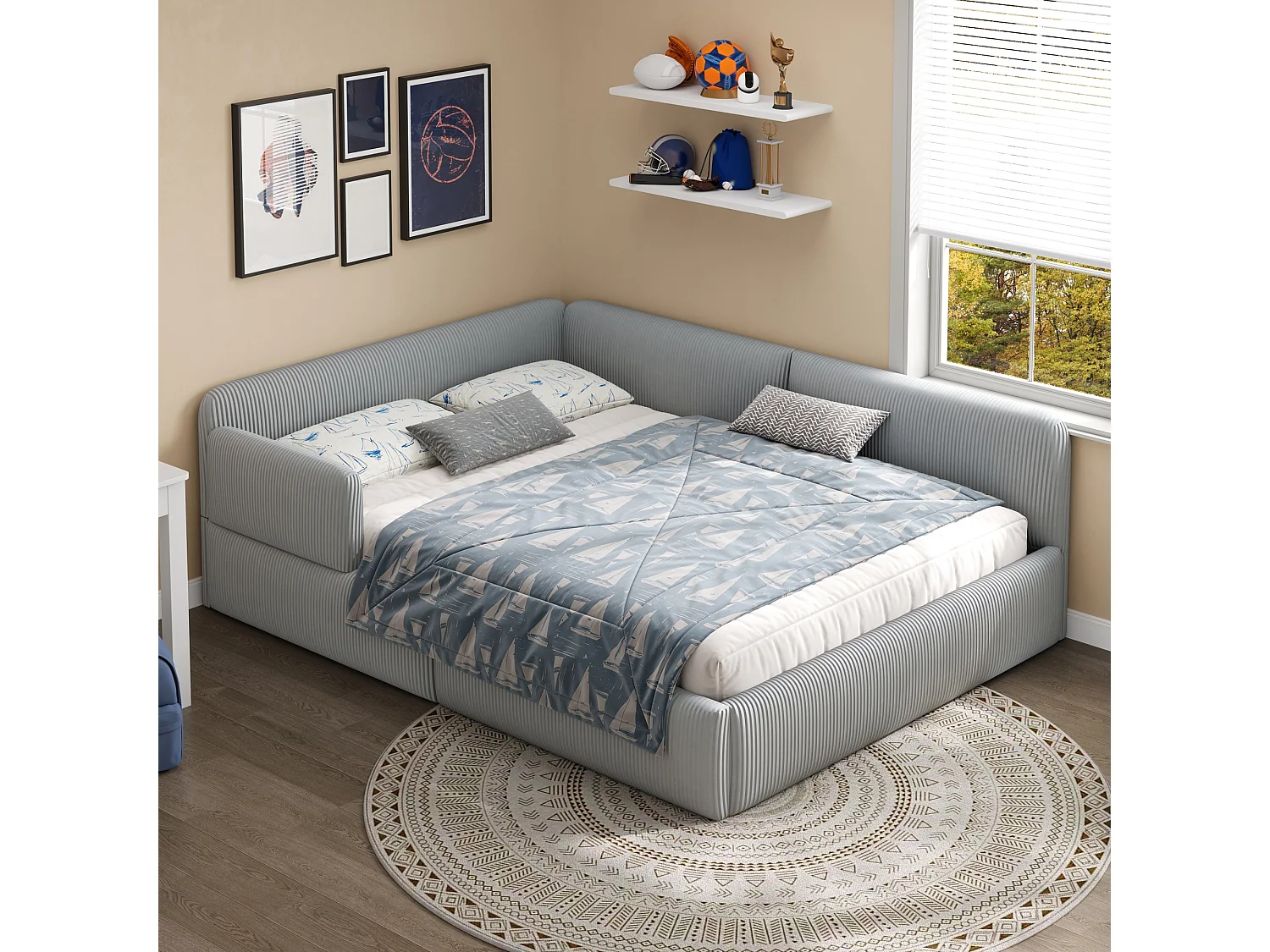 Cama arcón acolchada 140x200 cm - Con almacenamiento y barrera de seguridad lateral - Terciopelo acanalado - MDF - Gris (sin colchón)