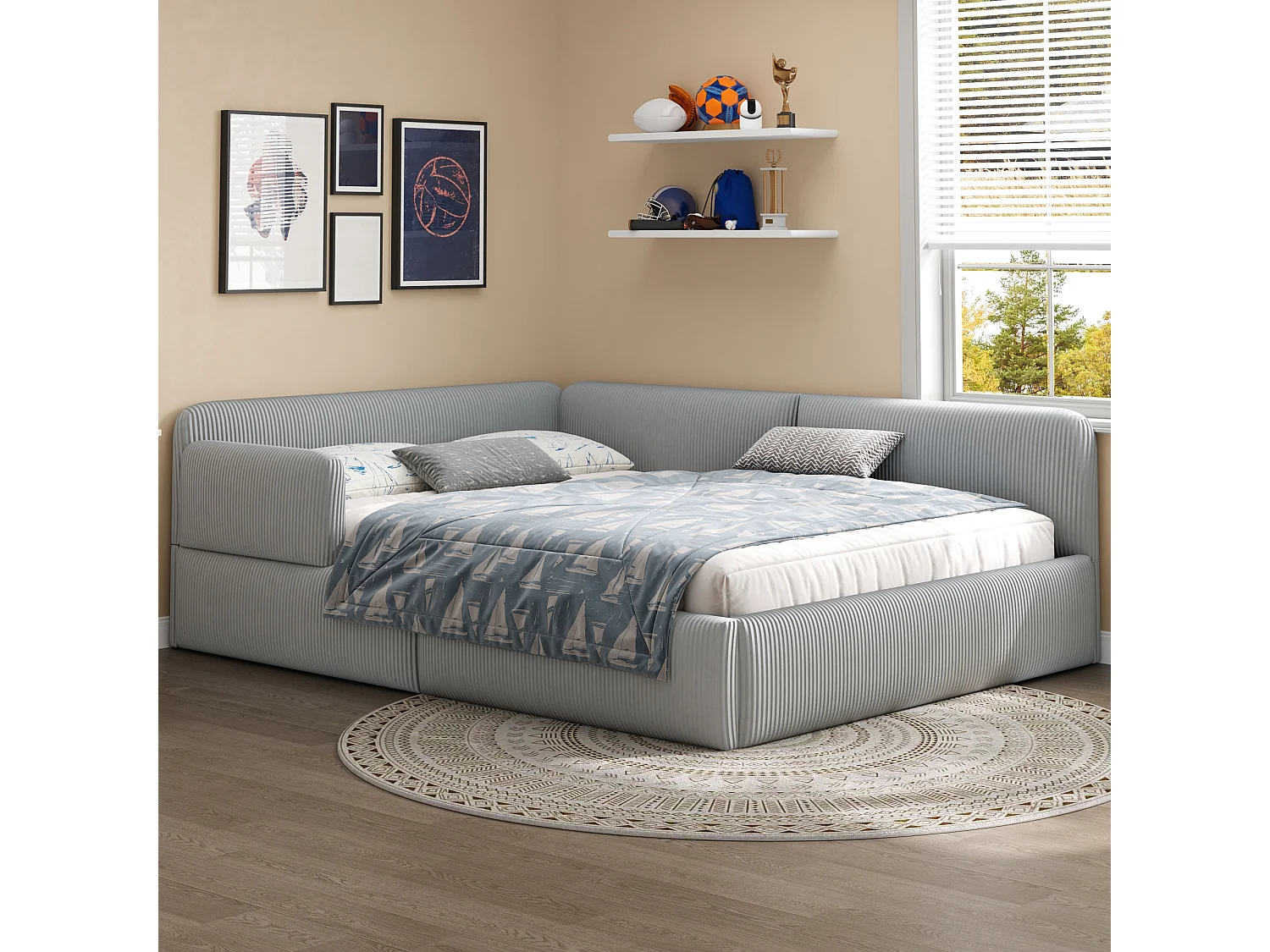 Cama arcón acolchada 140x200 cm - Con almacenamiento y barrera de seguridad lateral - Terciopelo acanalado - MDF - Gris (sin colchón)
