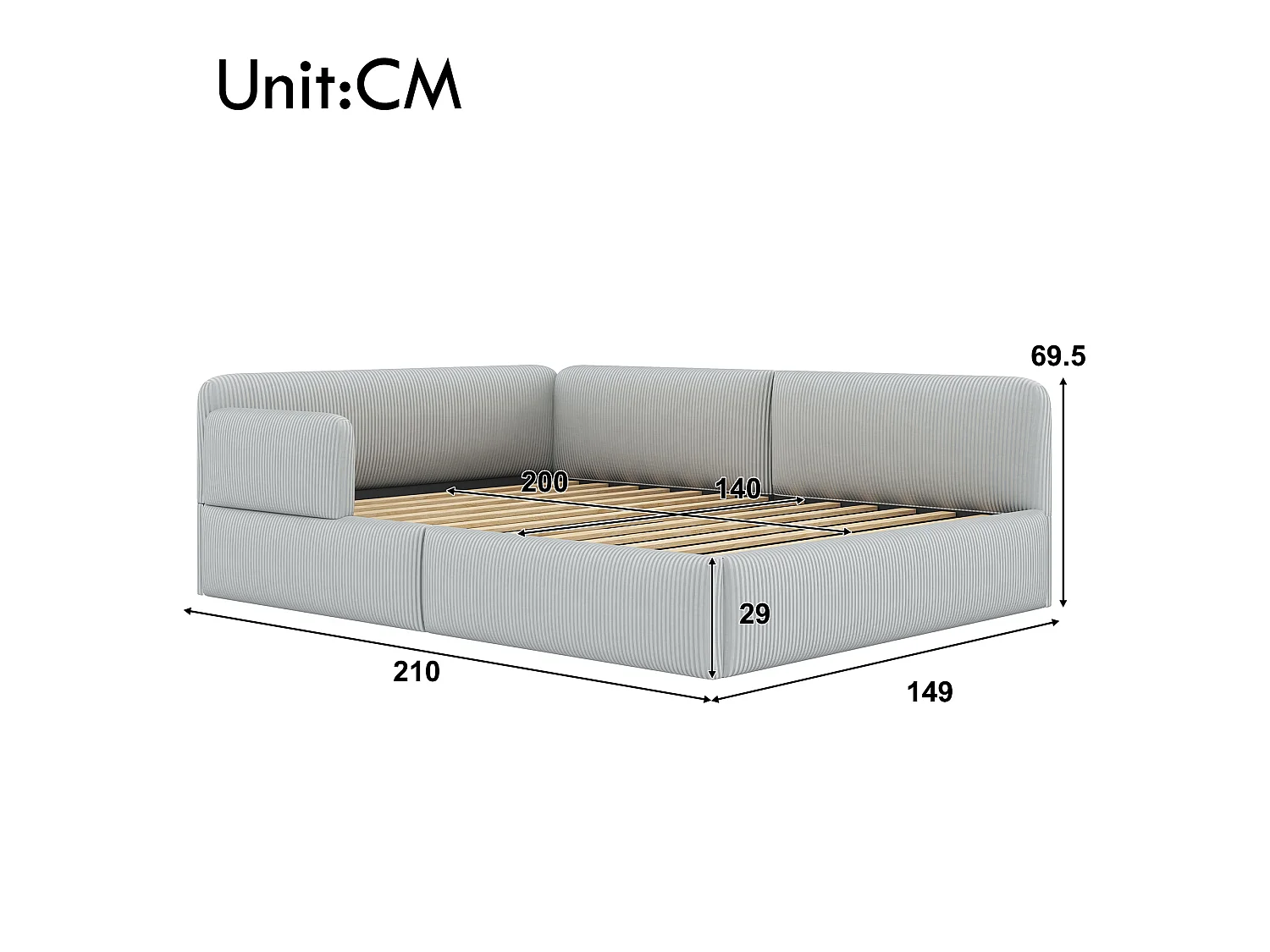 Cama arcón acolchada 140x200 cm - Con almacenamiento y barrera de seguridad lateral - Terciopelo acanalado - MDF - Gris (sin colchón)